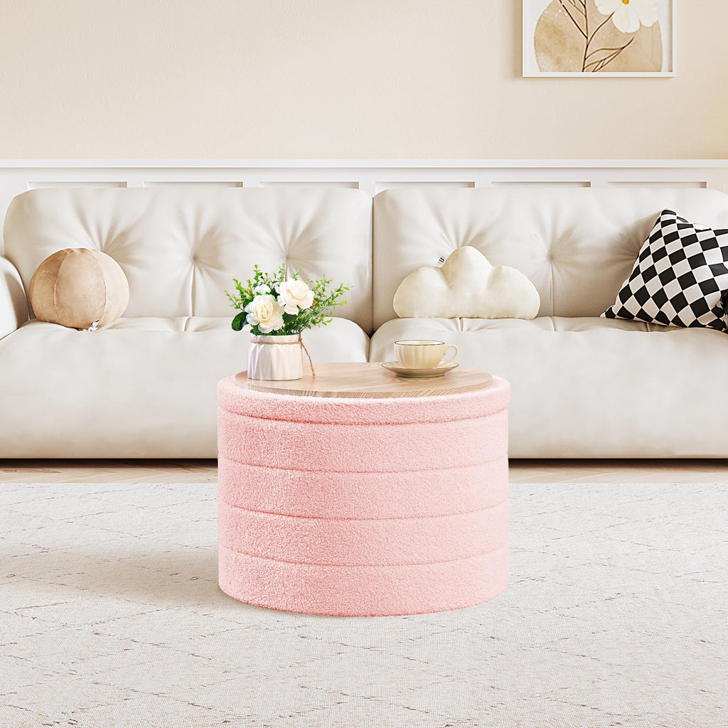 PINPLUS Round Storage Ottoman Foot Rest Stool with Tray Velvet Sherpa Folding Storage Ottoman,Boucle Foot Rest for Living Room, Bedroom, Dorm（Beige）