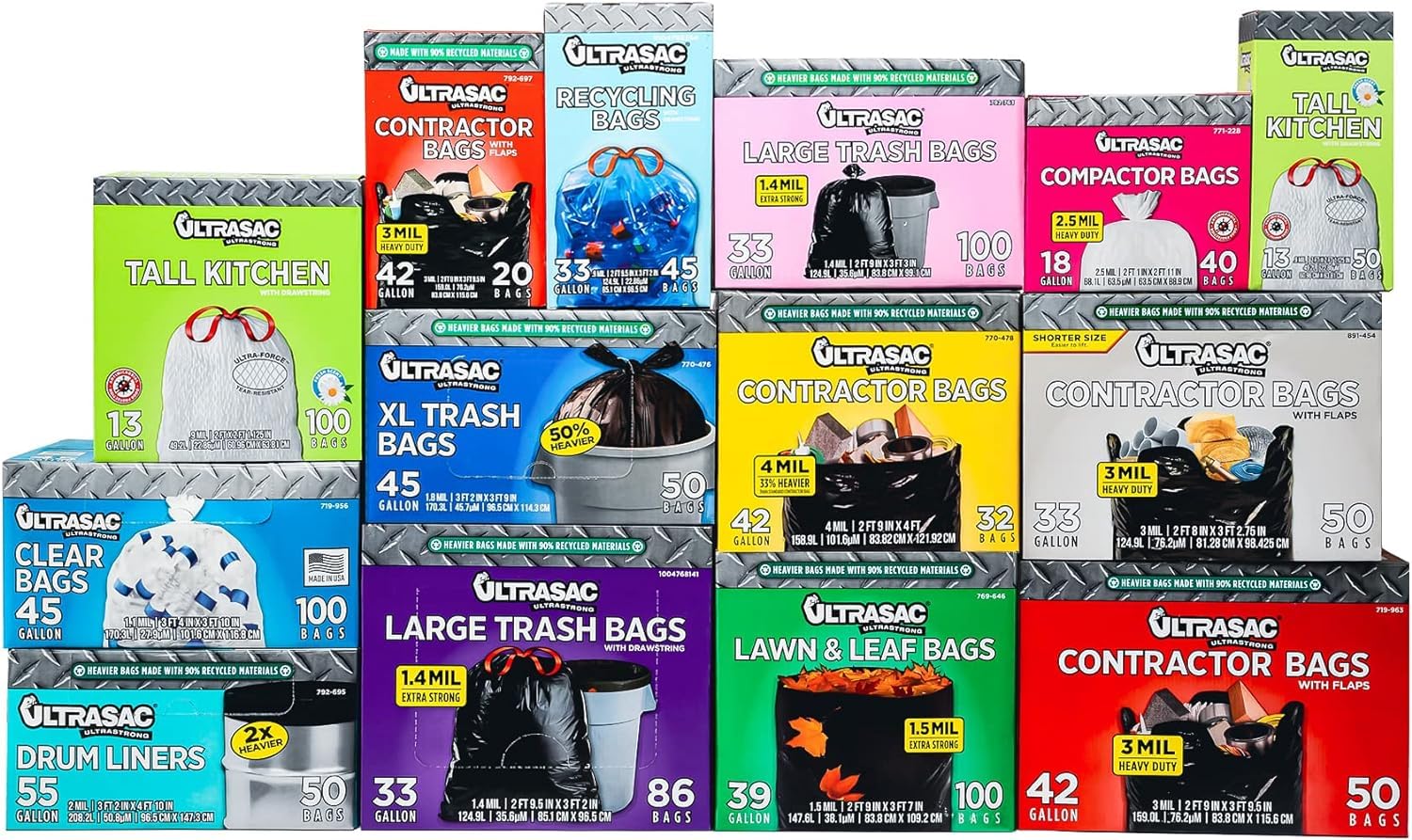 Ultrasac 18 Gallon 2.0 MIL White Drawstring Trash Bags - 25" x 28" - Pack of 50 - For Home, Outdoor, Industrial, & Commercial