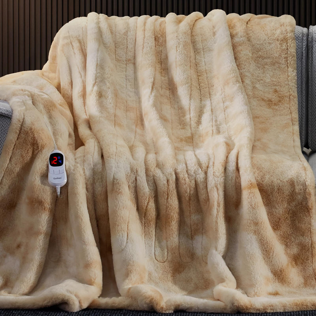 Guohaoi Heated Blanket Electric Throw, Soft Faux Rabbit Fur Electric Blanket with 10 Heating Levels 5 Sitting Timer Auto Off, Cozy Warm Heating Blankets, Machine Washable(50"×60" Beige)
