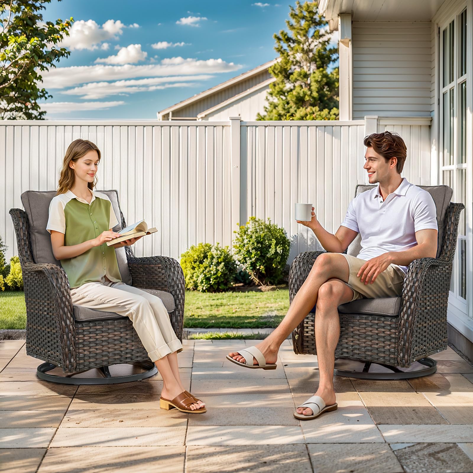 Swivel Patio Chairs Set of 2 with 5" Thick Cushion - Wicker Outdoor Swivel Rocker Patio Chairs, High Back Comfortable Outdoor Glider Chair for Balcony, Porch, Deck, Poolside - Brown/Beige