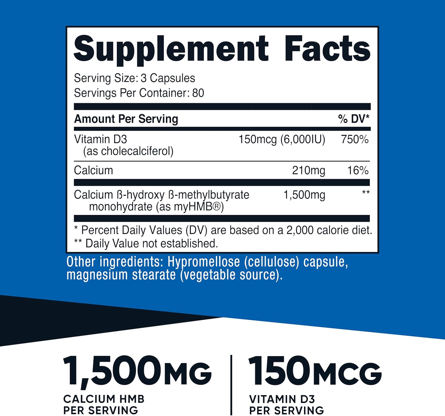 Nutricost HMB (1500mg) and Vitamin D3 (6000 IU) Supplement - 240 Capsules, 80 Servings - Gluten Free and Non-GMO