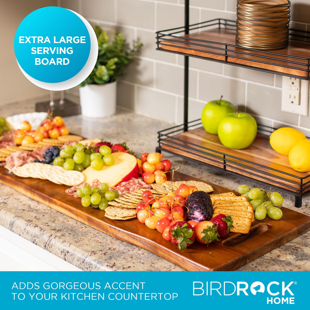 BIRDROCK HOME Acacia Wooden Cheese & Charcuterie Board with Handles 22" | Rectangular Food Platter for Bread, Meat, or Appetizers | Natural Wood Serving Tray Cutting Board for Kitchen & Outdoor Use
