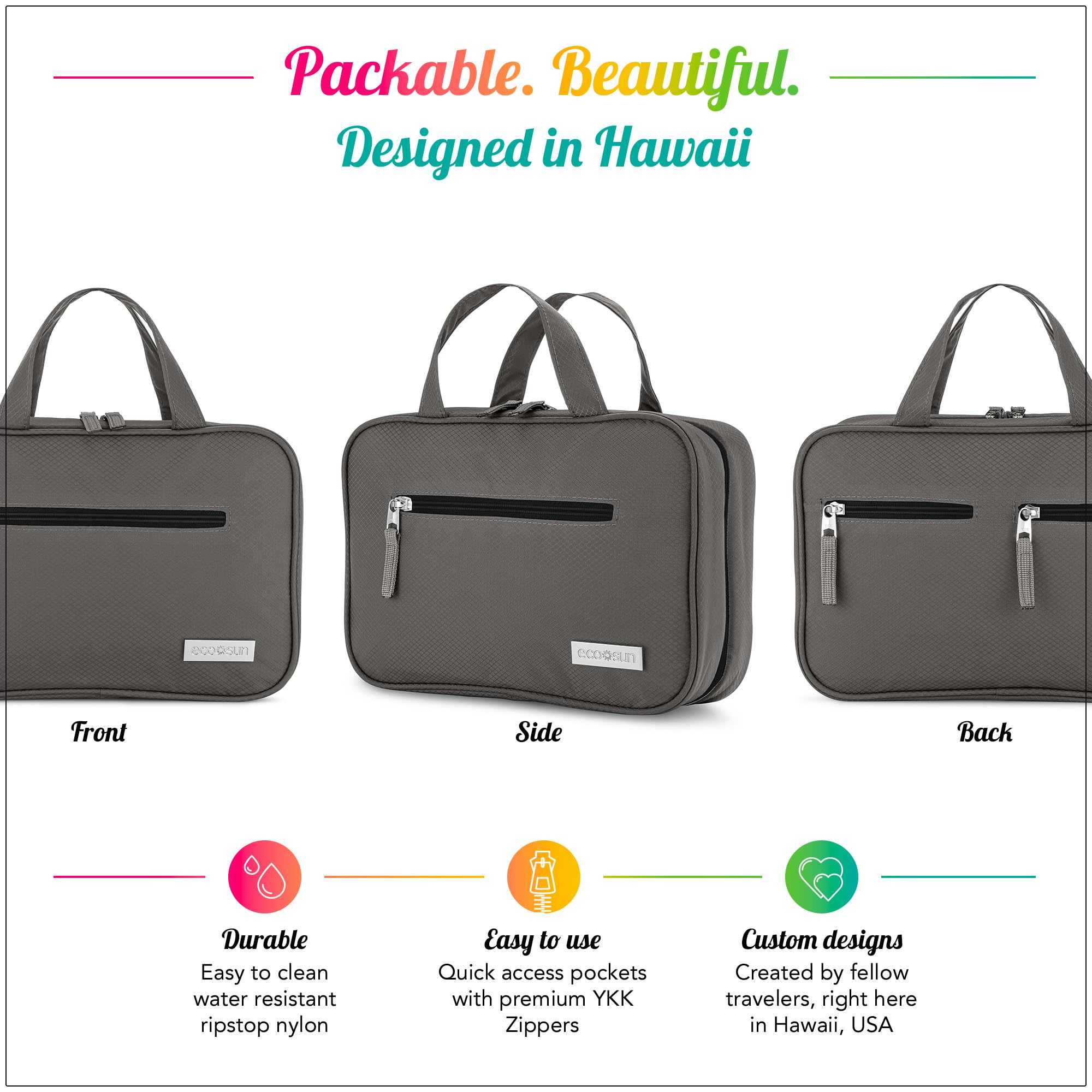 Eco Sun Hanging Travel Toiletry Bag — Designed in Hawaii — Water-resistant Travel Organizer for Bathroom Accessories (Black)