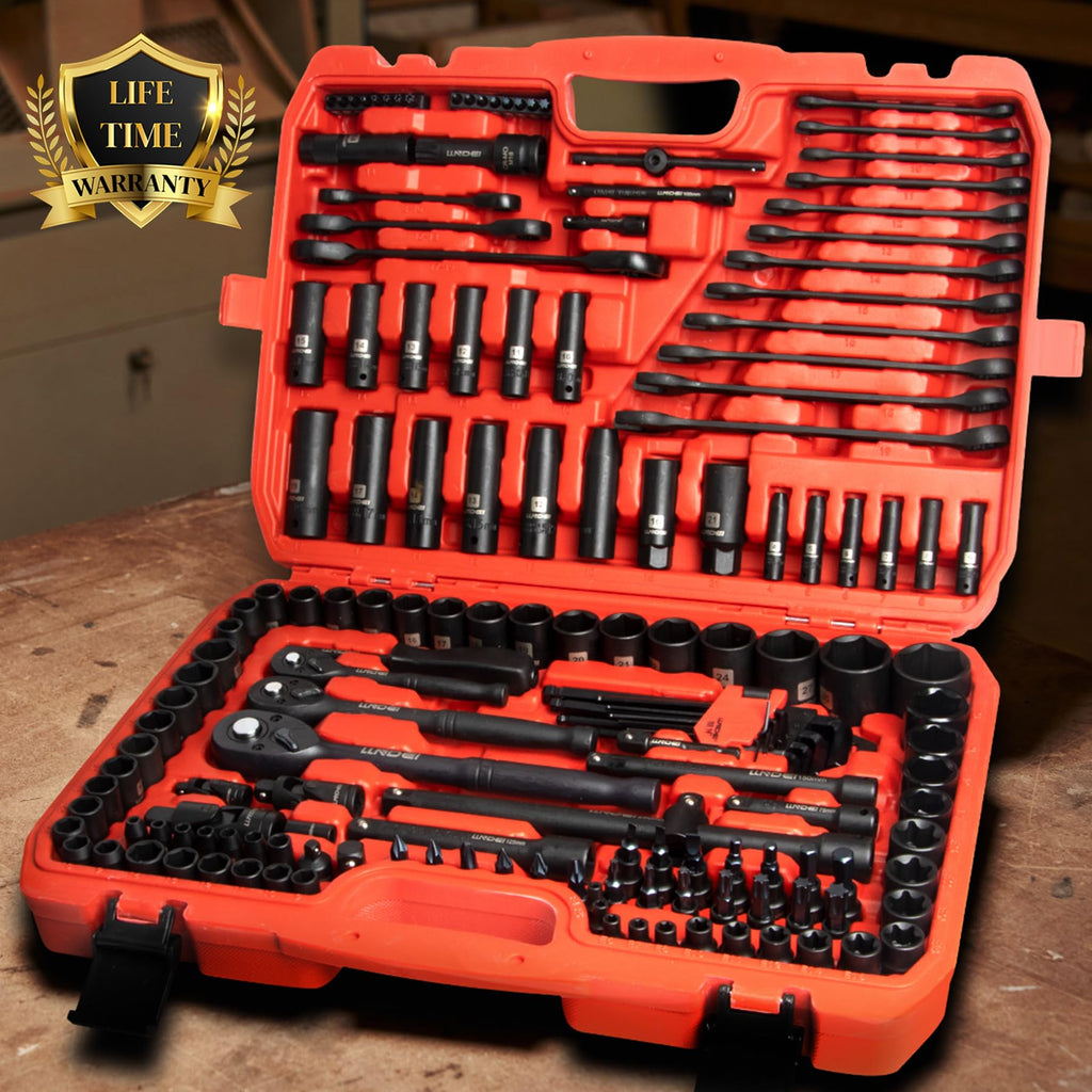 LLNDEI 1/2 inch Drive Deep Impact Socket Set, 37 Piece Standard SAE 3/8" to 1-1/4" | Metric 8 to 24mm, Includes Spark Plug Socket (16, 21mm), CR-MO Universal Joint, Extension Bars and Adapter