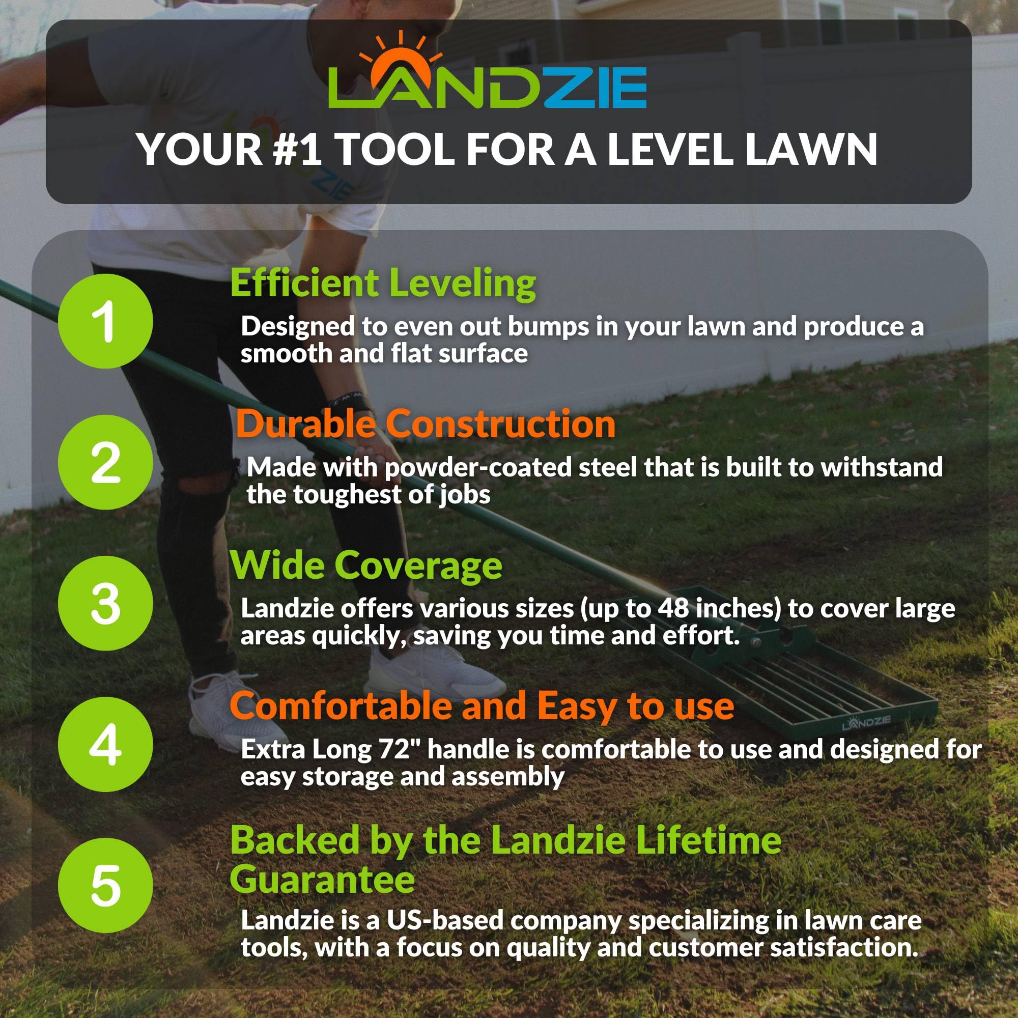 LANDZIE - The Original Lawn Leveling Rake – 24" Steel Handle Yard Leveler, Lawn Level Tool for Creating a Flat Surface - Works for Soil, Dirt, Topdressing, and Ground