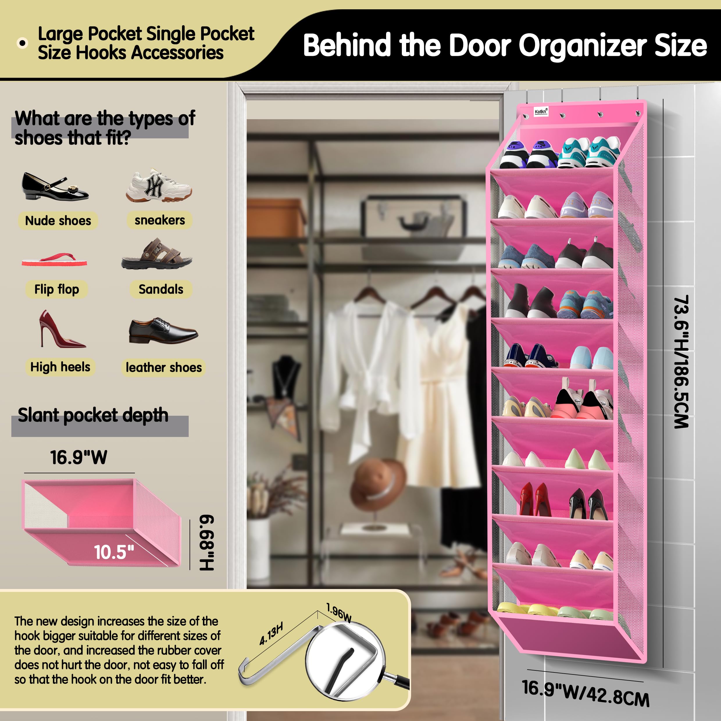 Kotkn 10 Tier Over The Door Organizer - Heavy Duty Hanging Storage Rack with Sturdy Oxford Fabric, Holds 20+ Pairs of Footwear, Boots & Sneakers, Saves 50% Closet Space(Beige)