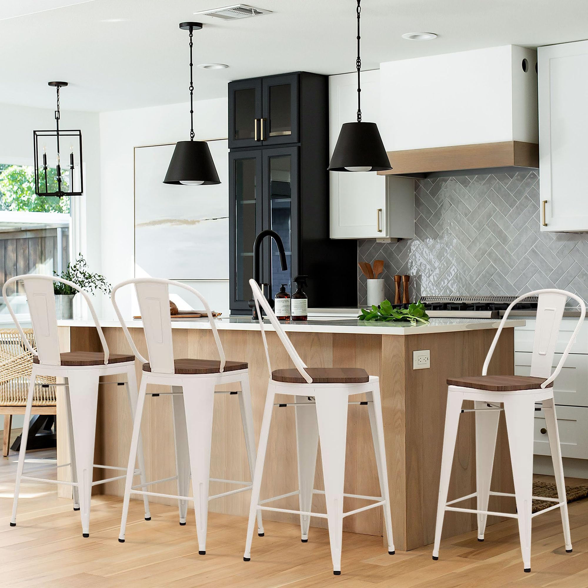Alunaune 24" Swivel Metal Bar Stools Set of 4 High Back Counter Height Barstools Industrial Dining Bar Chairs with Large Wooden Seat-Matte Black