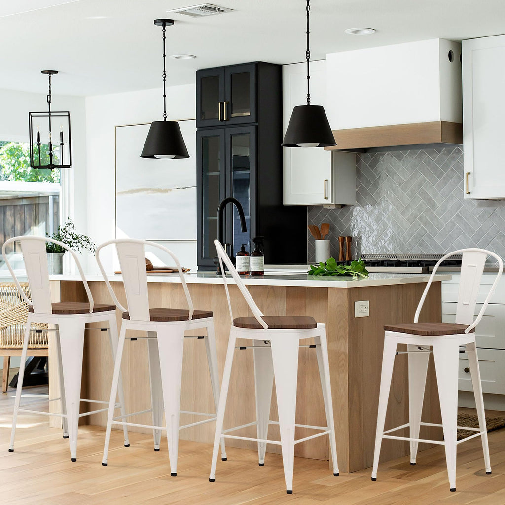 Alunaune 24" Swivel Metal Bar Stools Set of 4 High Back Counter Height Barstools Industrial Dining Bar Chairs with Large Wooden Seat-Matte Black