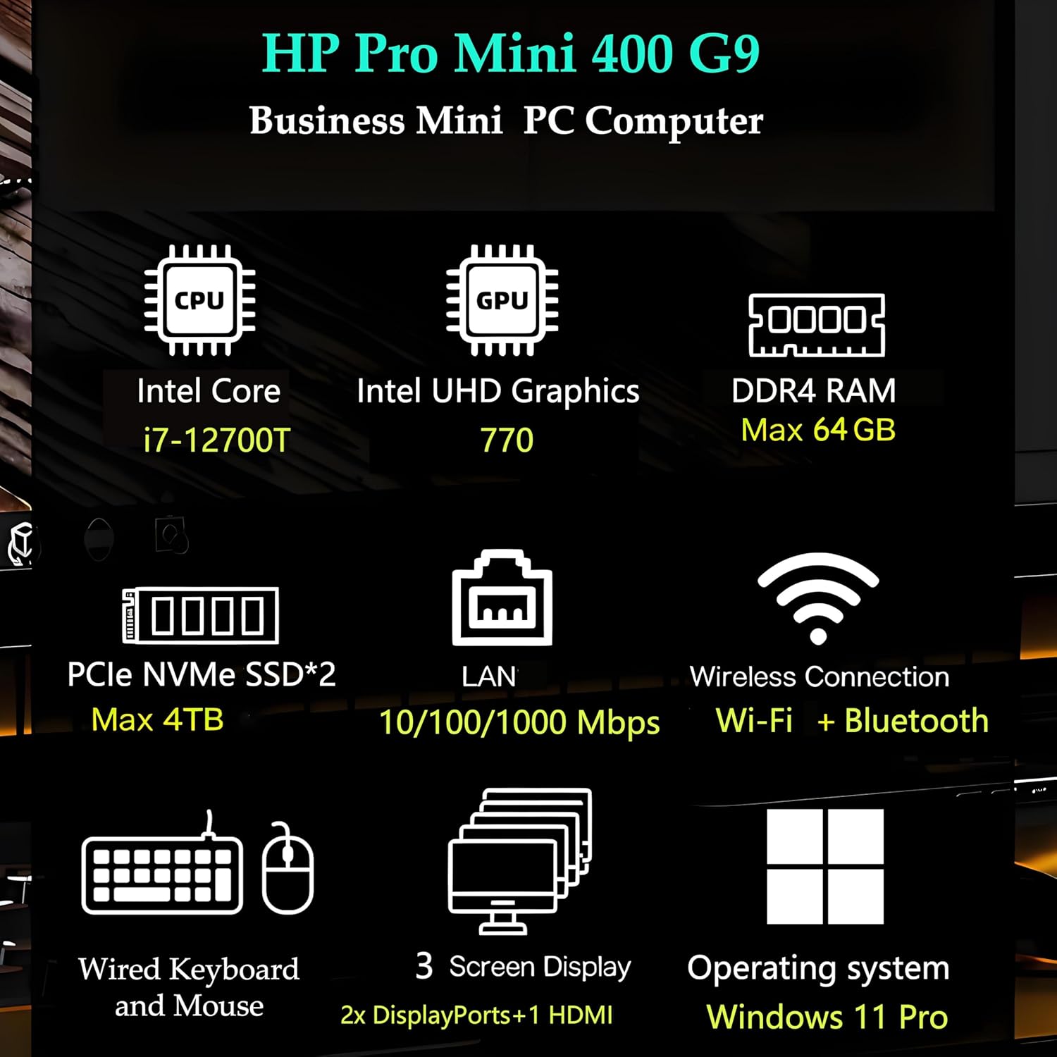 HP Desktop Computer PC Pro Mini 400 G9 MFF for Business, Intel 12-Core i7-12700T, 32GB DDR4 RAM, 1TB PCIe SSD, WiFi, Bluetooth, 2 Type-C, 2 DisplayPorts, HDMI, Keyboard and Mouse, Windows 11 Pro