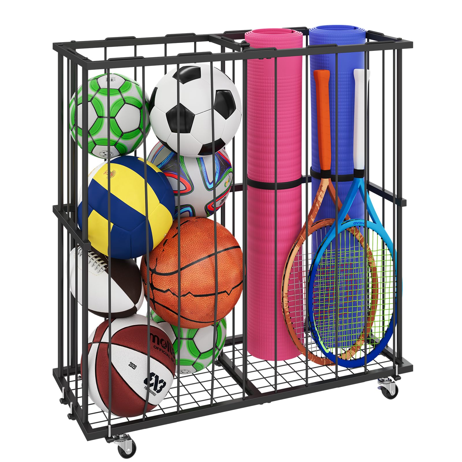 Hencawima Garage Ball Storage: Round Sports Equipment Organizer with Wheels, Sports Ball Rack With Elastic Rope, Ball Holder for Basketball, Soccer, Volleyball, Football, Garage, Gym, Outdoor (Black)