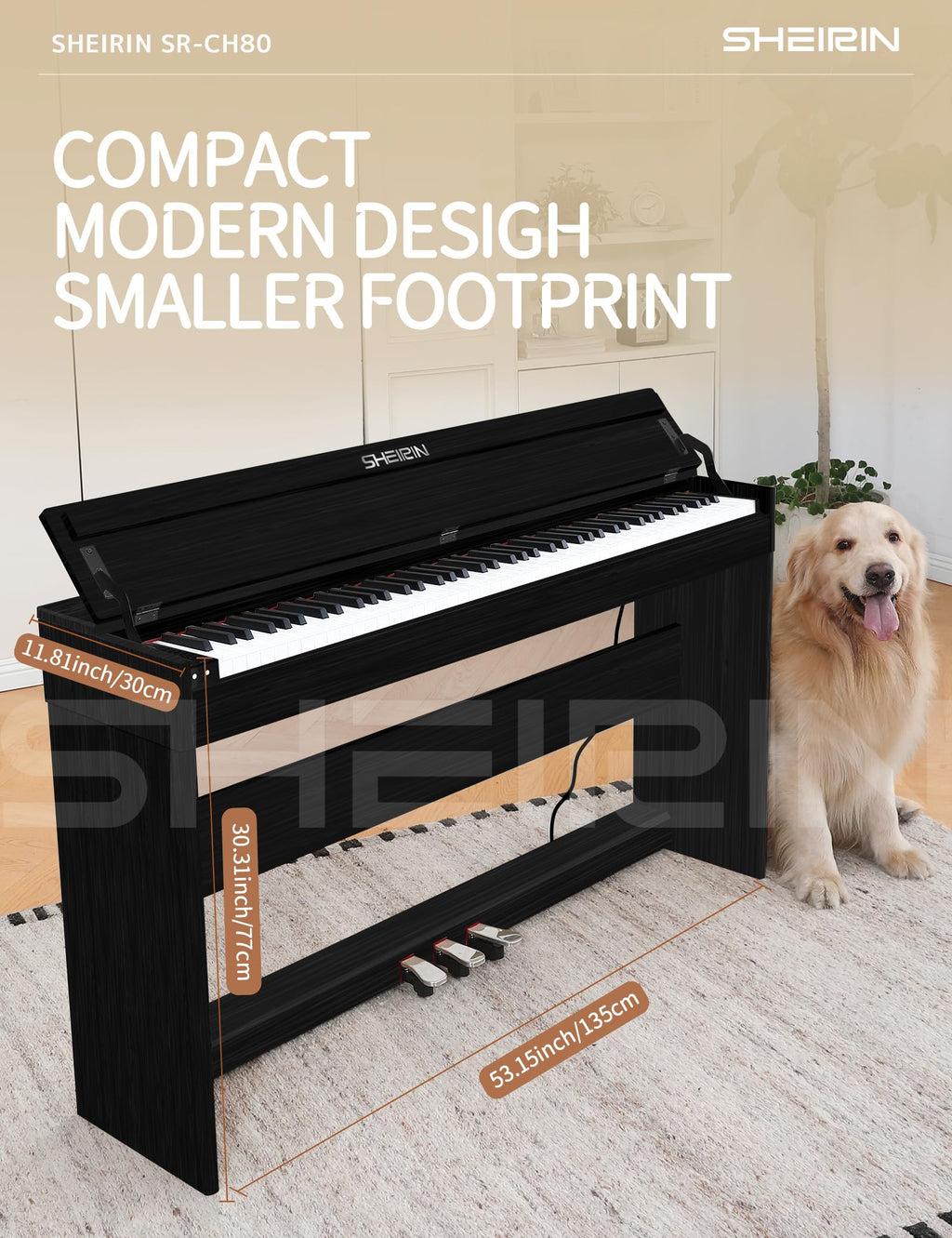 Digital Piano Hammer Action Keyboard 88 Keys Upright Acoustic Electric Weighted Piano Beginner MIDI Cover Full Size Sustain Pedal Stand Real Professional SR-FH80 (Beige Full Cover)