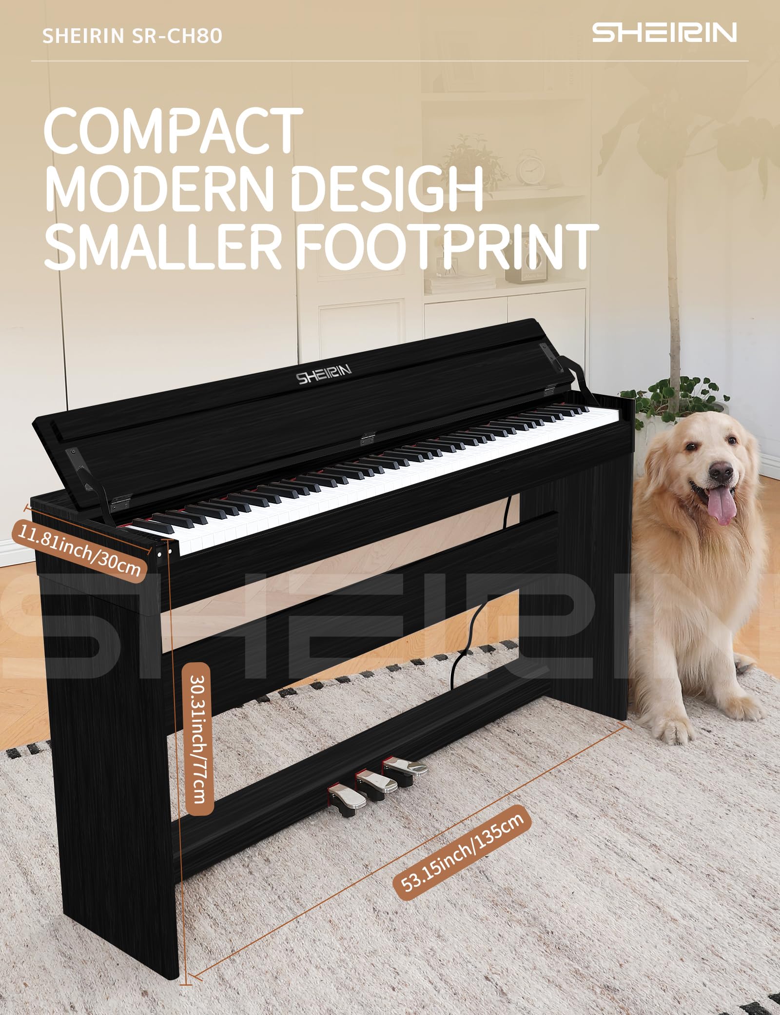 Digital Piano Hammer Action Keyboard 88 Keys Upright Acoustic Electric Weighted Piano Beginner MIDI Cover Full Size Sustain Pedal Stand Real Professional SR-FH80 (Beige Full Cover)