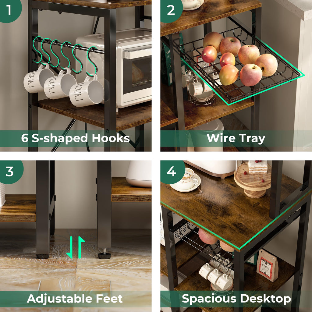 SUPERJARE Bakers Rack with Power Outlet, 35.4 Inches Coffee Bar with Wire Basket, Kitchen Microwave Stand with 6 S-Shaped Hooks, Open Storage Shelves, Black