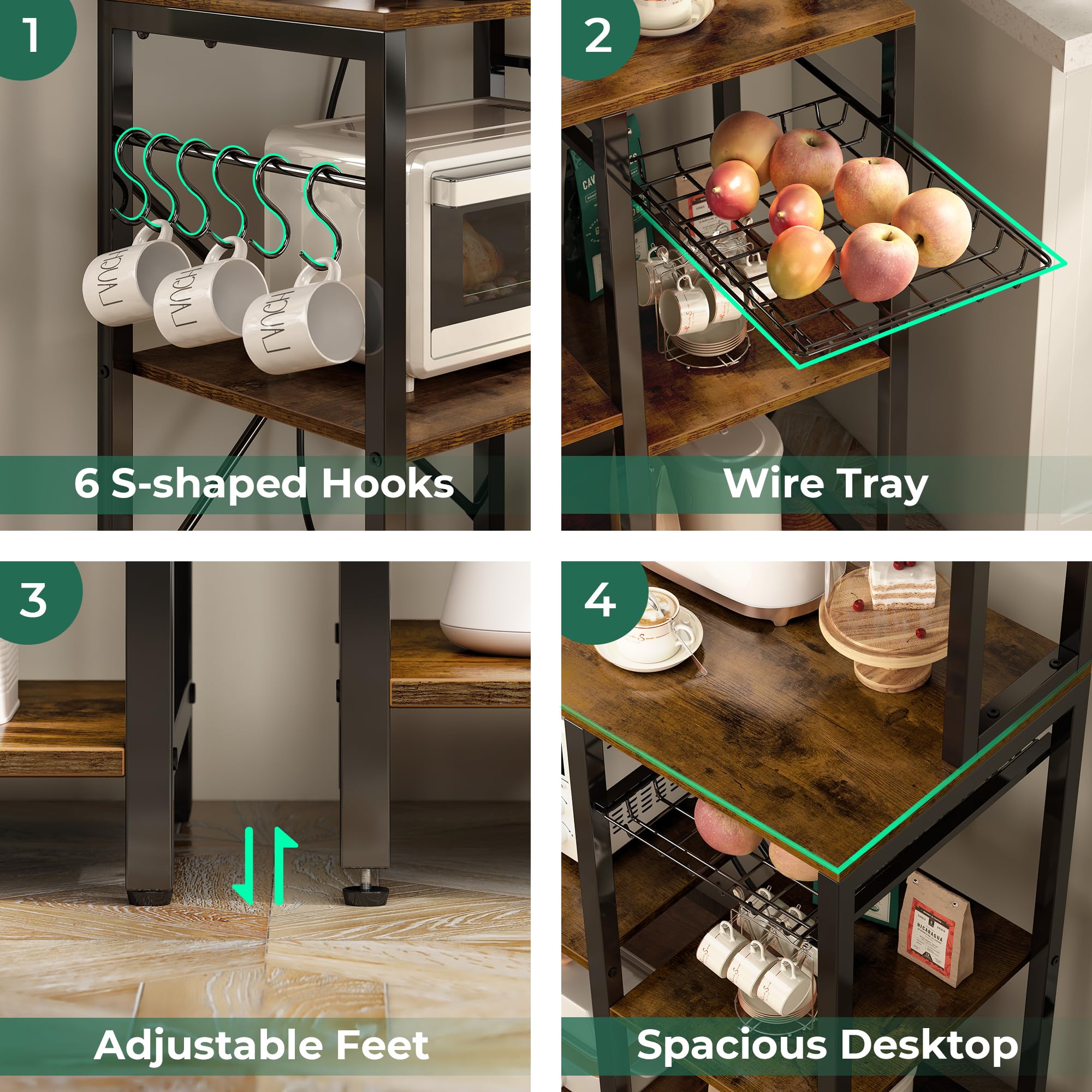 SUPERJARE Bakers Rack with Power Outlet, 35.4 Inches Coffee Bar with Wire Basket, Kitchen Microwave Stand with 6 S-Shaped Hooks, Open Storage Shelves, Black