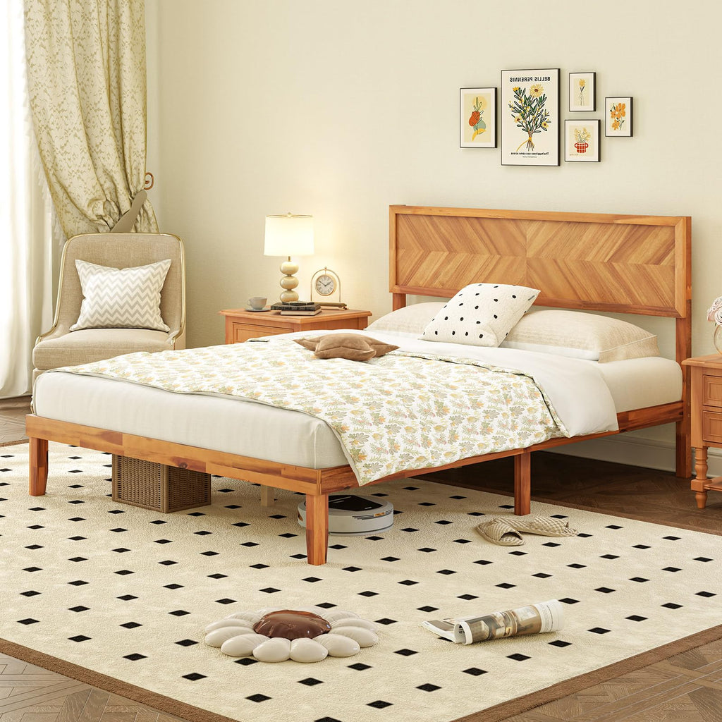 Giantex Wood Twin Bed Frames with Headboard, Solid Acacia Wood Platform Bed with 12 Strong Wooden Slat Support, Scandinavian Style Art Deco Twin Size Bed Frame, No Box Spring Needed, Rustic Brown
