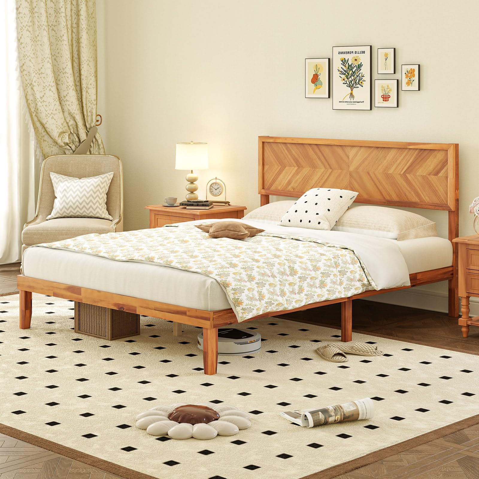 Giantex Wood Twin Bed Frames with Headboard, Solid Acacia Wood Platform Bed with 12 Strong Wooden Slat Support, Scandinavian Style Art Deco Twin Size Bed Frame, No Box Spring Needed, Rustic Brown