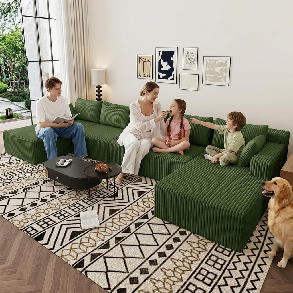 Lakifun 107" L-Shape Sofa with Ottoman, Modern Modular Sectional Comfy U-Shape Cloud Couch, Deep Seat, Upholstered Corduroy Sleeper Chaise Longue for Living Room Bedroom, No Assembly Required, Black
