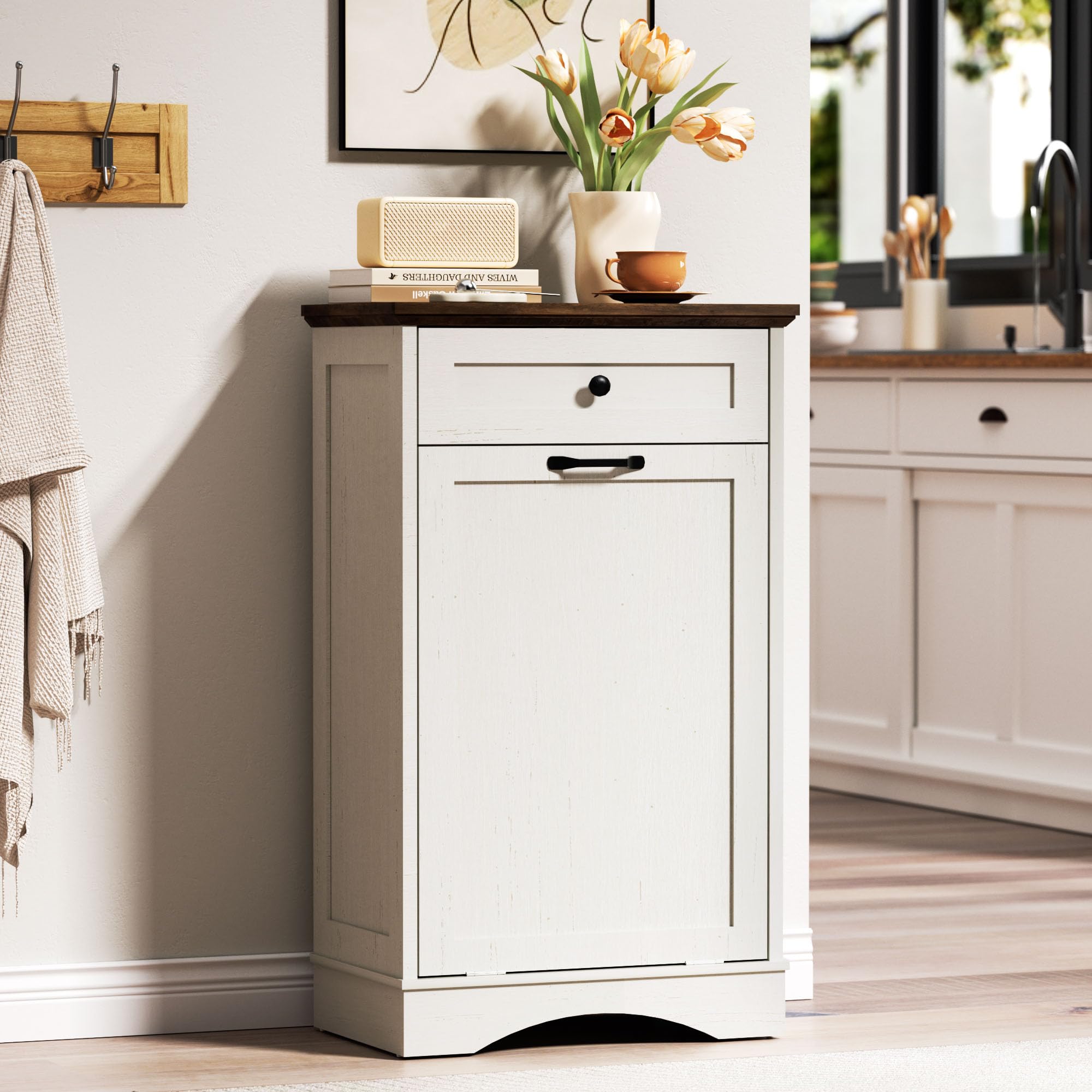 AHB Double Tilt Out Trash Can Cabinet Freestanding Kitchen Trash Can, 2x13 Gallons Hidden Garbage Recycling Cabinet with Hideaway Drawers Pet Proof Trash Can Holder for Kitchen, Antique White