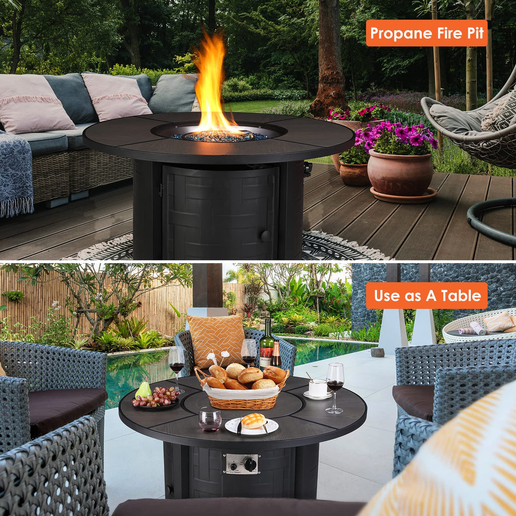 TLGREEN Propane Fire Pit Table 30 Inch Round – 50,000 BTU Outdoor Fire Pit with Lid, Converts to Patio Coffee Table, Certified, Includes Waterproof Cover & Blue Fire Glass(Grey)