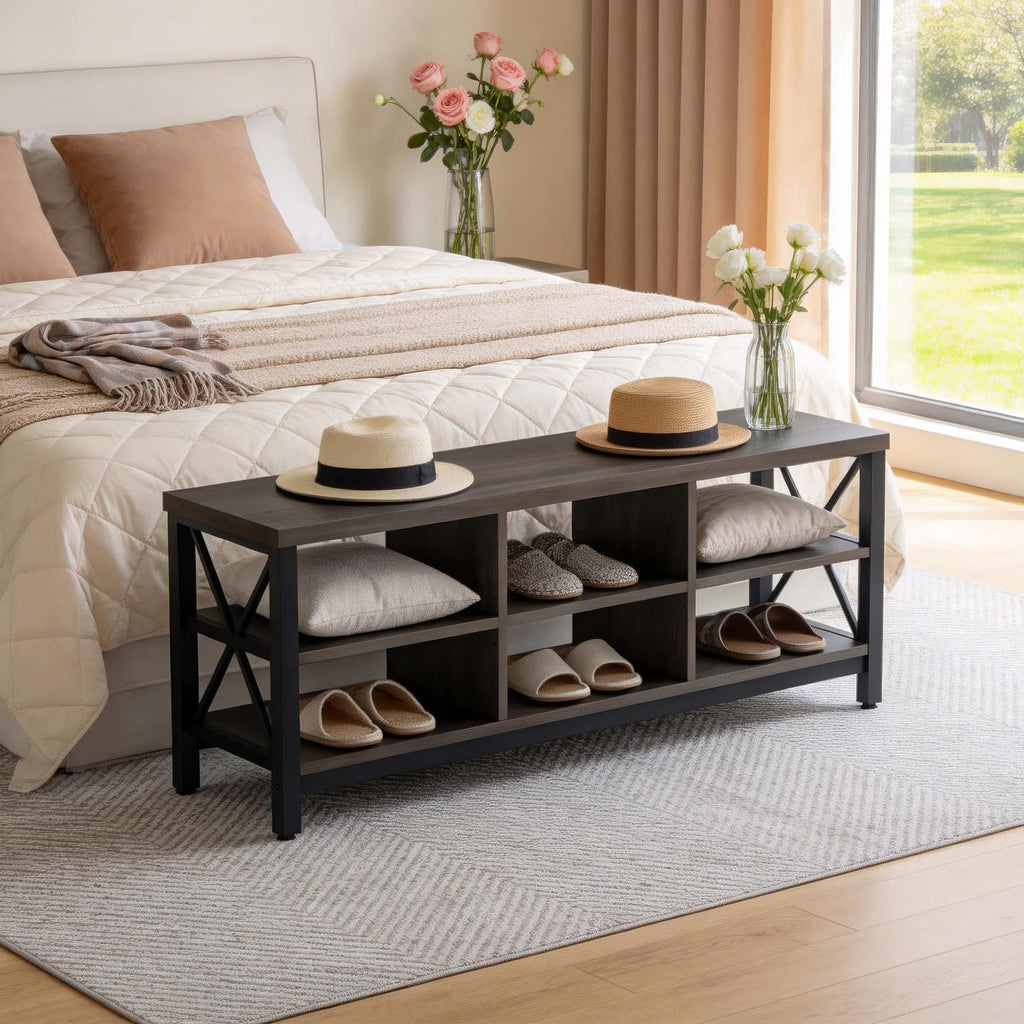 FATORRI Entryway Bench with Storage, 41 Inch Shoe Storage Bench, Industrial Wood Shoe Bench for Entry Way, Living Room, Bedroom and Mudroom (Black)