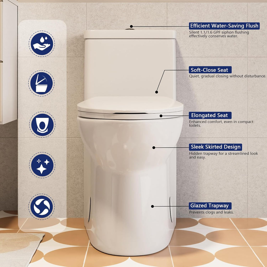 DeerValley Symmetry One Piece Toilet, Dual Flush 1.1/1.6 GPF Elongated Standard Toilet for Bathroom, Toilets with Comfortable Seat Height (Seat Included) (White)