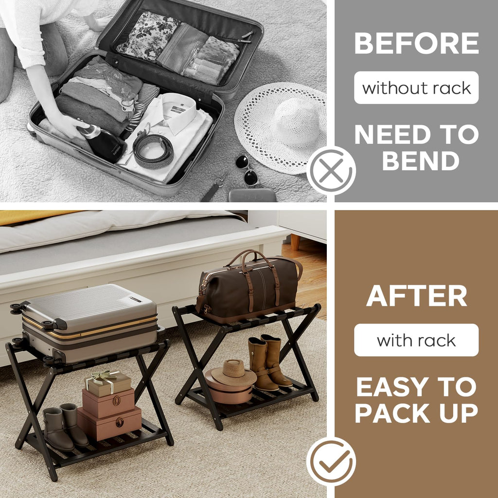 oakvivo Fully Assembled Black Luggage Rack for Guest Room, Bamboo Foldable Suitcase Stand with 5 Nylon Straps, Upgraded Luggage Rack Holder with Shelf for Bedroom Hotel, Holds up to 165 Lbs, 1pcs