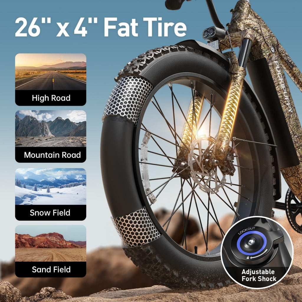 PUCKIPUPPY Electric Bike for Adults with 960W(Peak), 26" Fat Tire Electric Mountain Bike, 48V 15AH Removable Battery Ebike, 28MPH Aluminum Frame E Bike with Rear Storage Shelf
