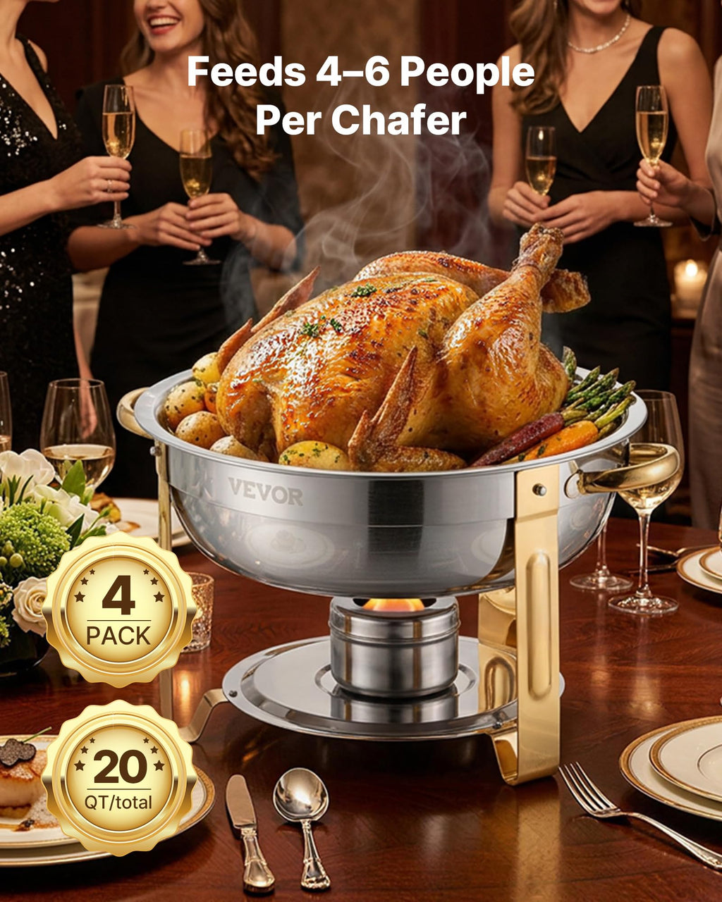 VEVOR Chafing Dish Buffet Set, 5 Qt 4 Pack, Stainless Steel Chafer with 4 Full Size Pan, Round Catering Warmer Server with Glass Lid Water Pan Folding Stand Fuel Holder, for Wedding Banquet, Gold