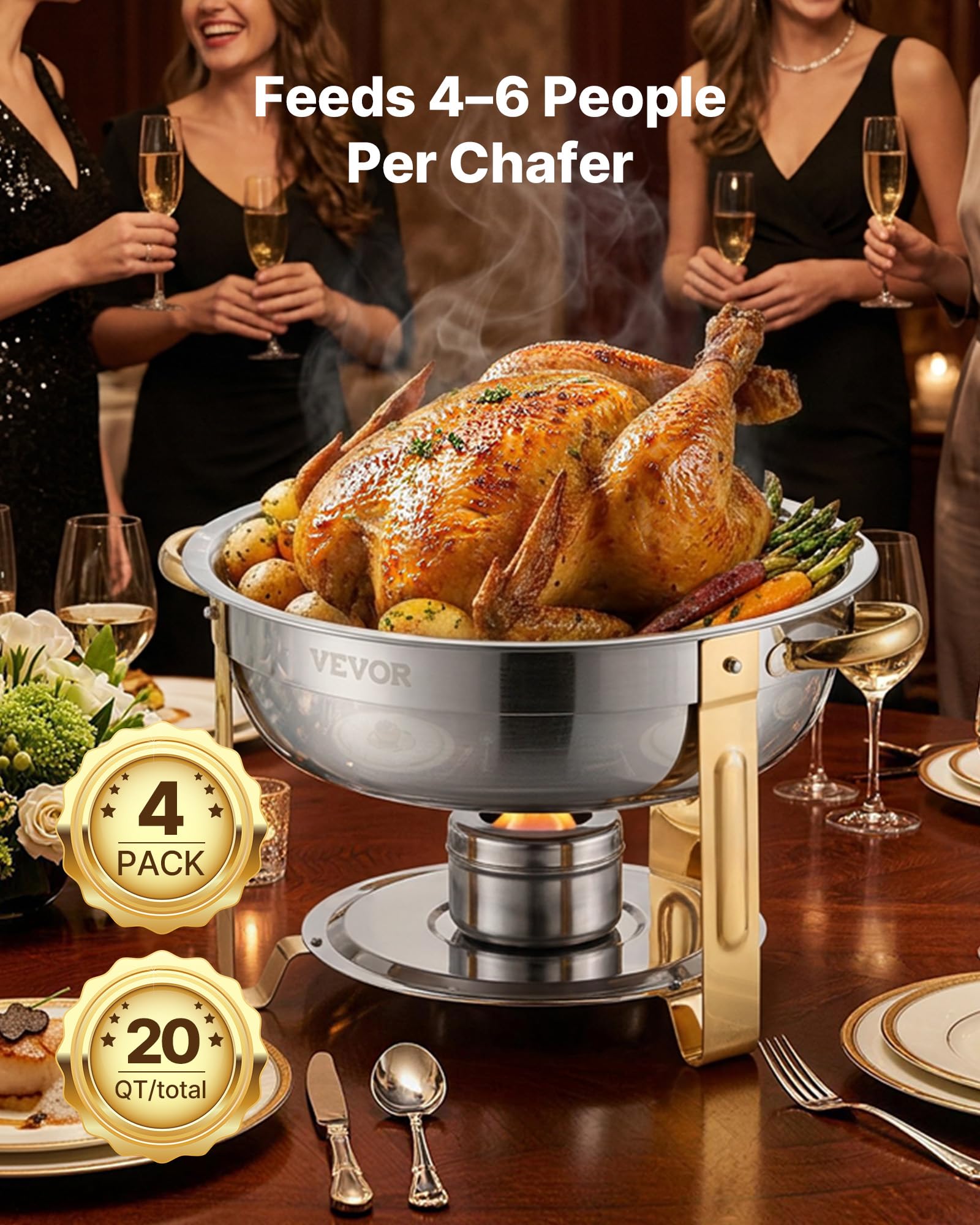 VEVOR Chafing Dish Buffet Set, 5 Qt 4 Pack, Stainless Steel Chafer with 4 Full Size Pan, Round Catering Warmer Server with Glass Lid Water Pan Folding Stand Fuel Holder, for Wedding Banquet, Gold