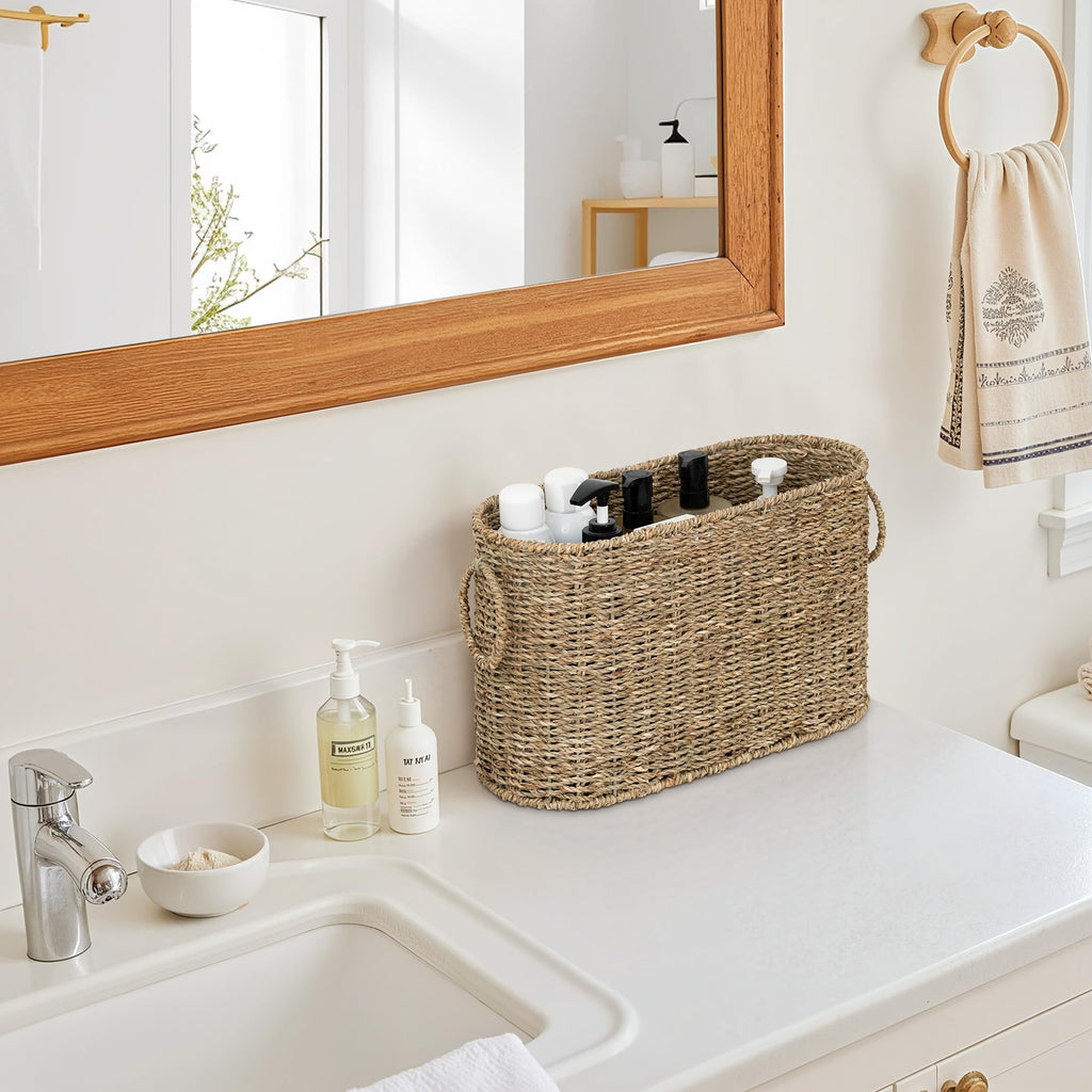 StorageWorks Bathroom Toilet Paper Storage Holder with Lid, Wicker Toilet Paper Basket for 6 Regular Rolls, Slim Basket Organizer with Handles, Water Hyacinth Storage Baskets for Bathroom, Brown