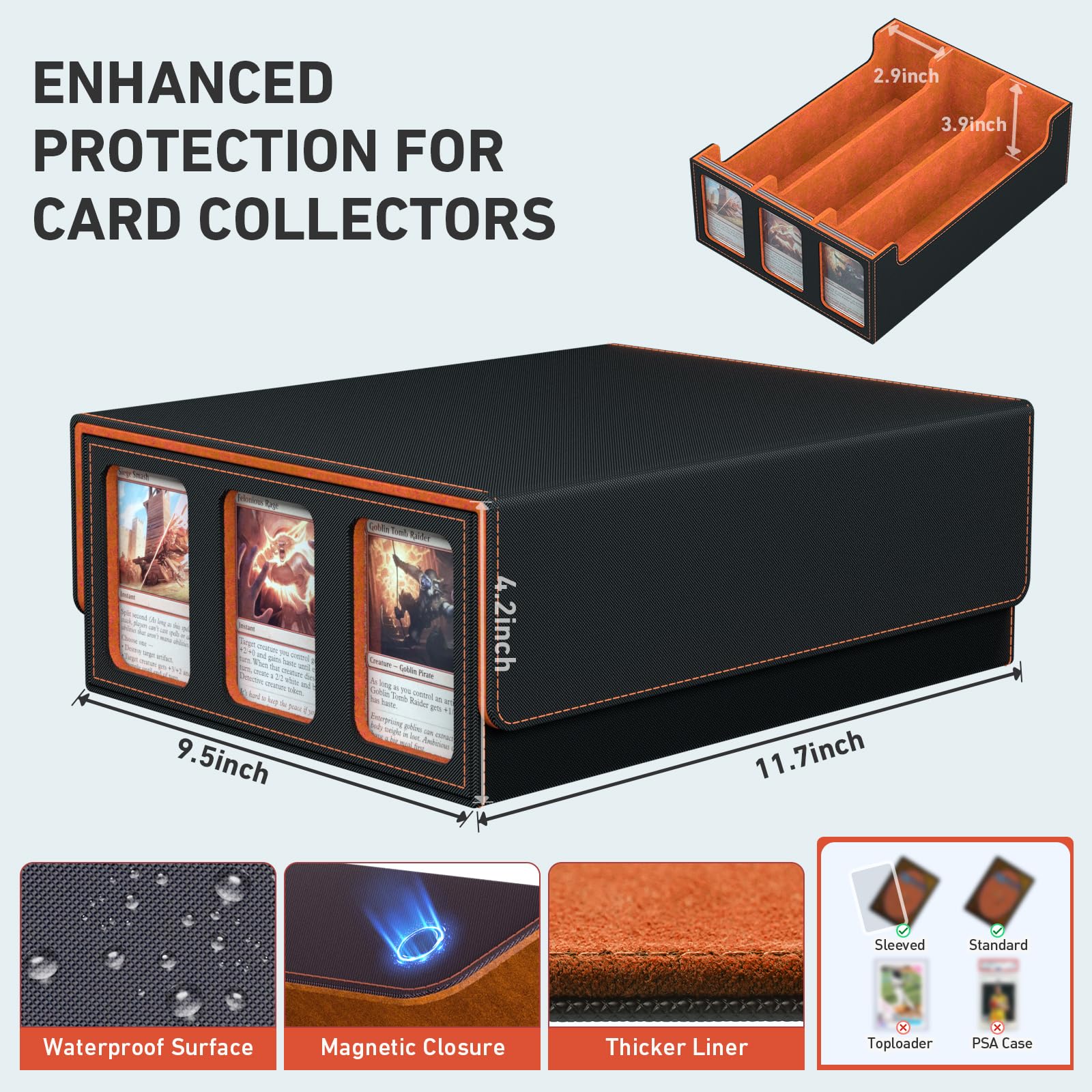 3-Row Trading Card Storage Box, Bulk Cards Case for 2400+ Mtg tcg Magic Playing Game Card Organizer, Commander Deck Box with 3 Supports & 24 Dividers