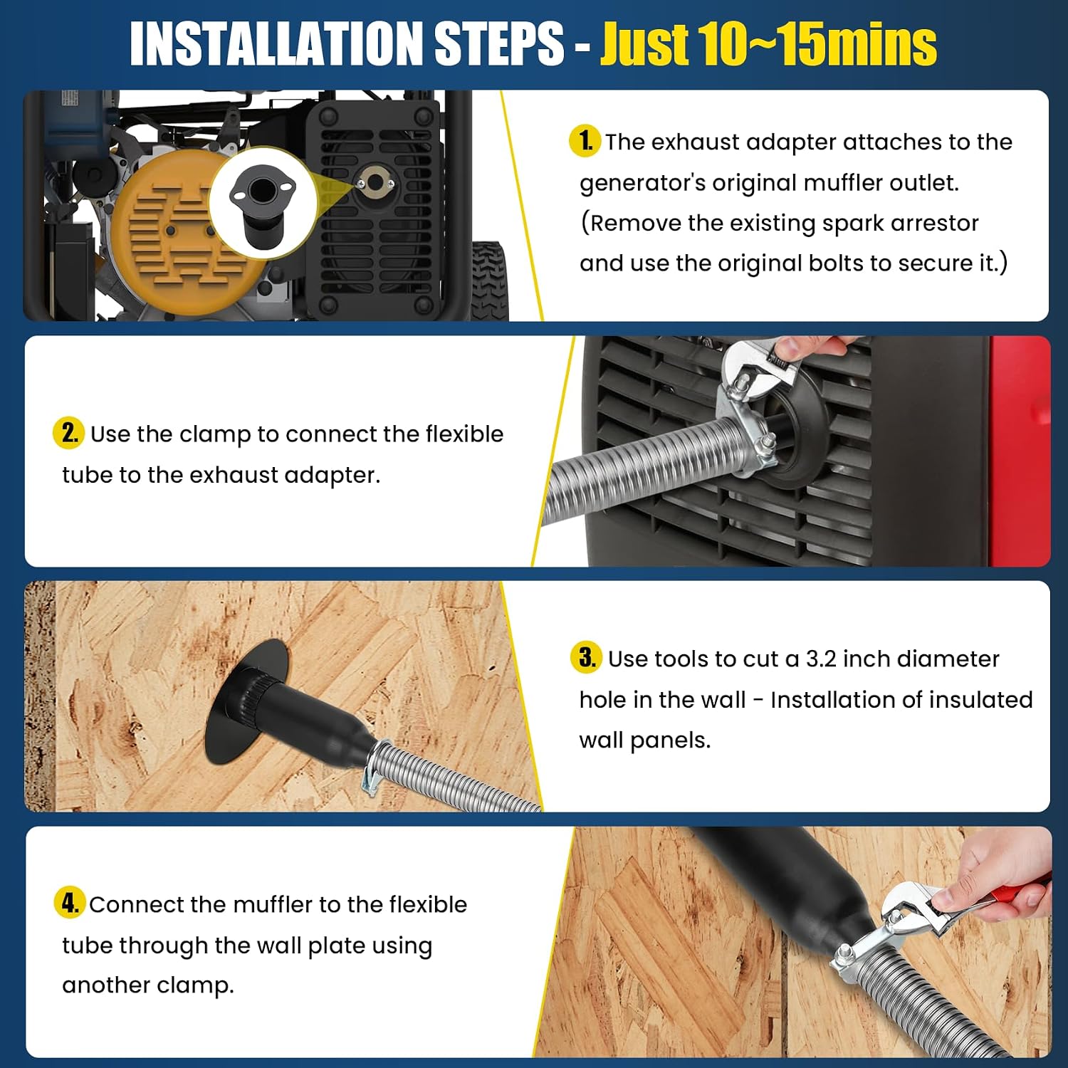 Generator Exhaust Extension Silencer Kit with Three Universal Adapters Compatible ALL Portable Generators with ALL-IN-ONE KIT,Insulated Through-Wall Mounting Plate Safely Vent Exhaust Reduce Noise 55%