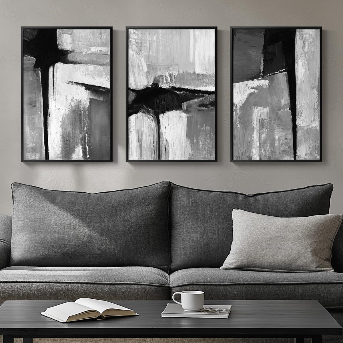Framed Black and White Modern Abstract Wall Art, 3 Piece Canvas Prints Paintings Artwork for Walls, Minimalist Black White Grey Pictures for Living Room Dining Room Bedroom Office Wall Decor 16x24 In