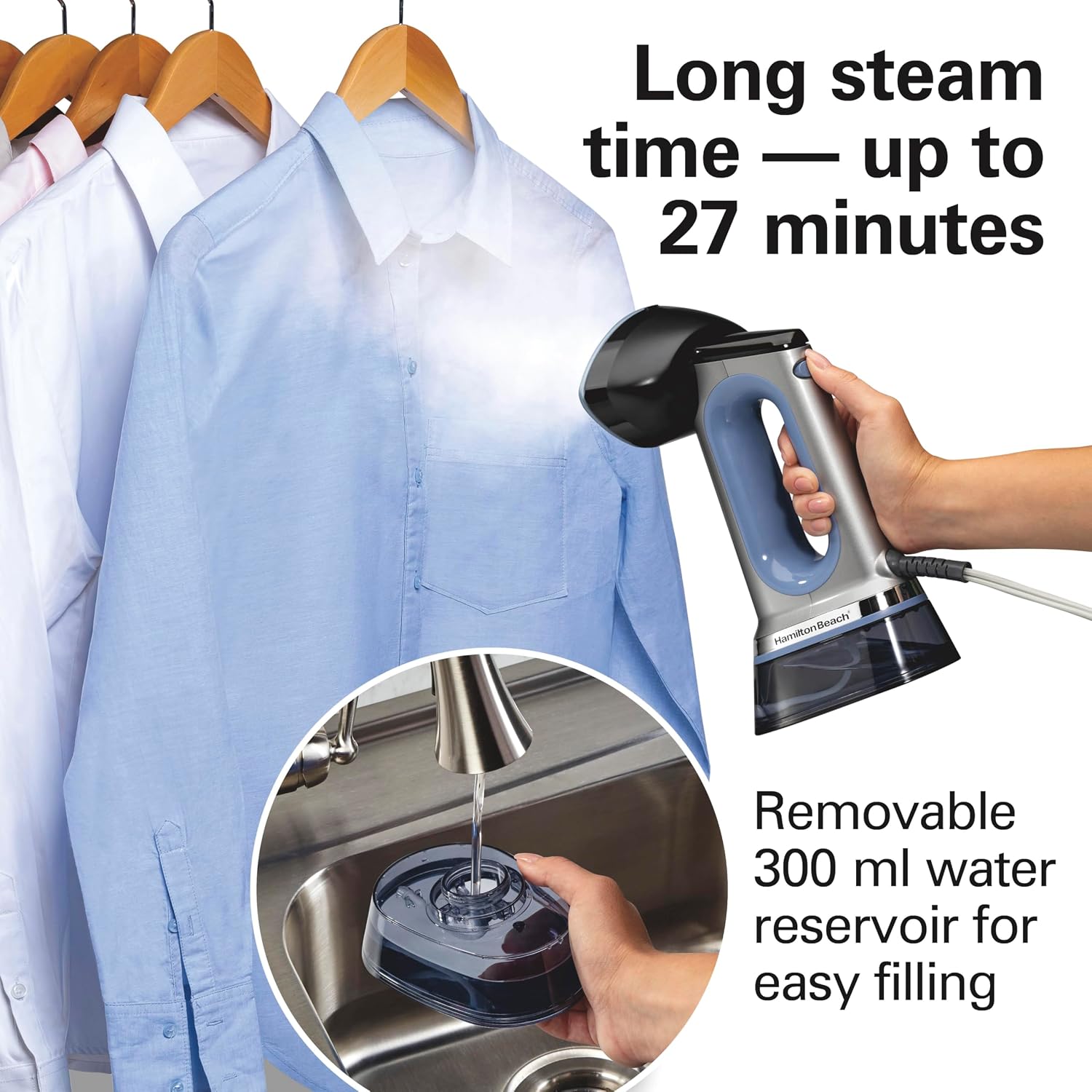 Hamilton Beach Durathon 3-in-1 Travel Steamer for Clothes & Steam Iron | 45 Second Heat-Up with 1700 Watts | 300ml Removable Water Tank | 27 Minutes of Steam | Auto Shutoff | Gray & Blue | 11559