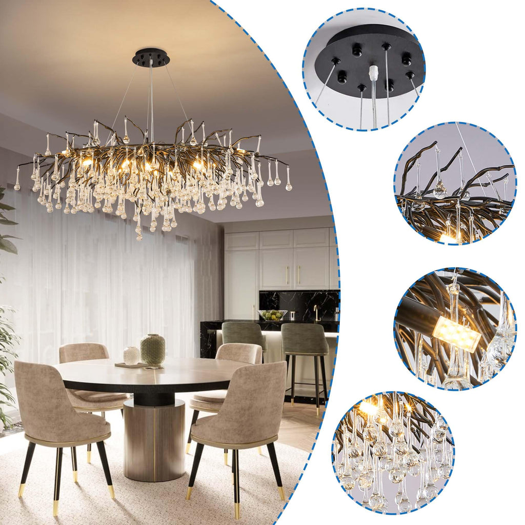 Modern Crystal Raindrop Chandelier, L40'' Black Linear Rectangle Art Deco Tree Branch Lighting Fixture for Kitchen Island Living Room Foyer Staircase 10 Lights