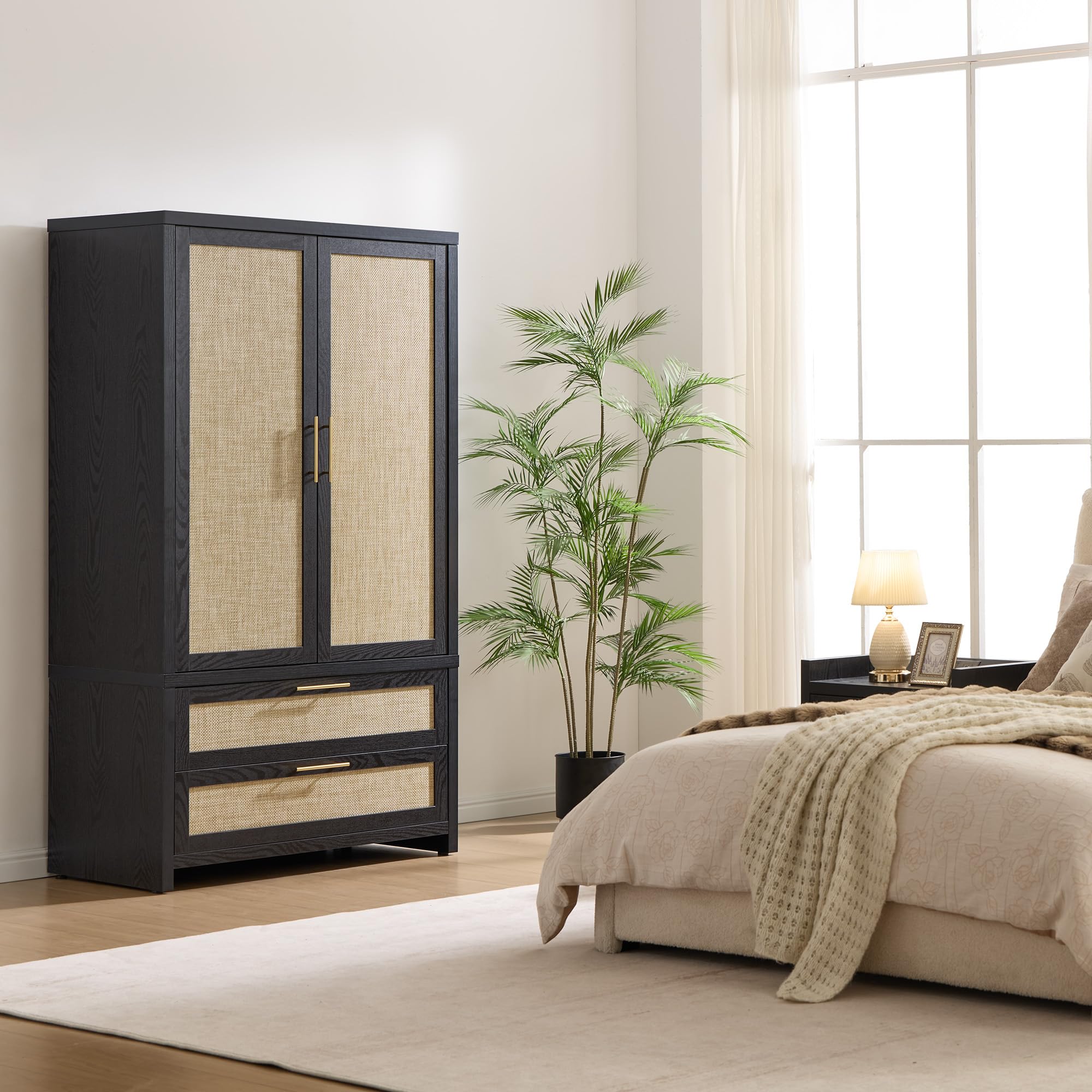 SICOTAS Rattan Armoire Wardrobe Closet Cabinet, 71" Wardrobe Storage Cabinet with Doors, 2 Drawers and Hanging Rod, Boho Large-Capacity Deep Armoire Clothes Organizer for Bedroom, Black Oak