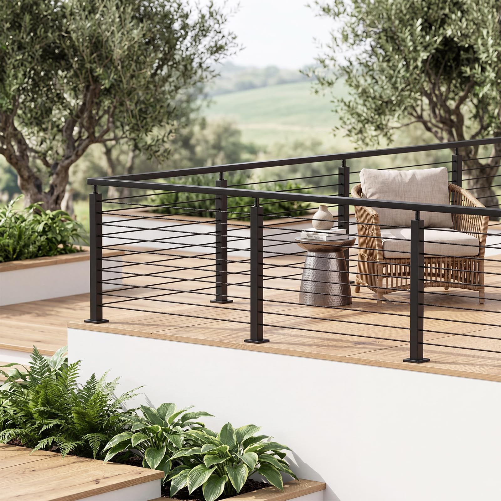 BLIKA 36" Cable Railing Corner Post, 304 Stainless Steel, 2-Side Drilled Adjustable Top Corner Post, Surface Mount Matte Black Cable Railing System Corner Post