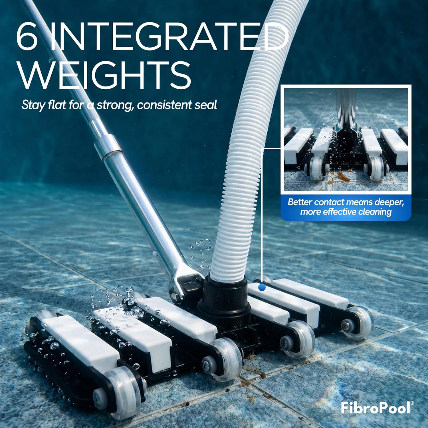 FibroPool Pool Vacuum Head - 14.4" Weighted Flexible Design - Inground & Above Ground Pools - 1.5" Universal Hose Fit - Urethane Wheels