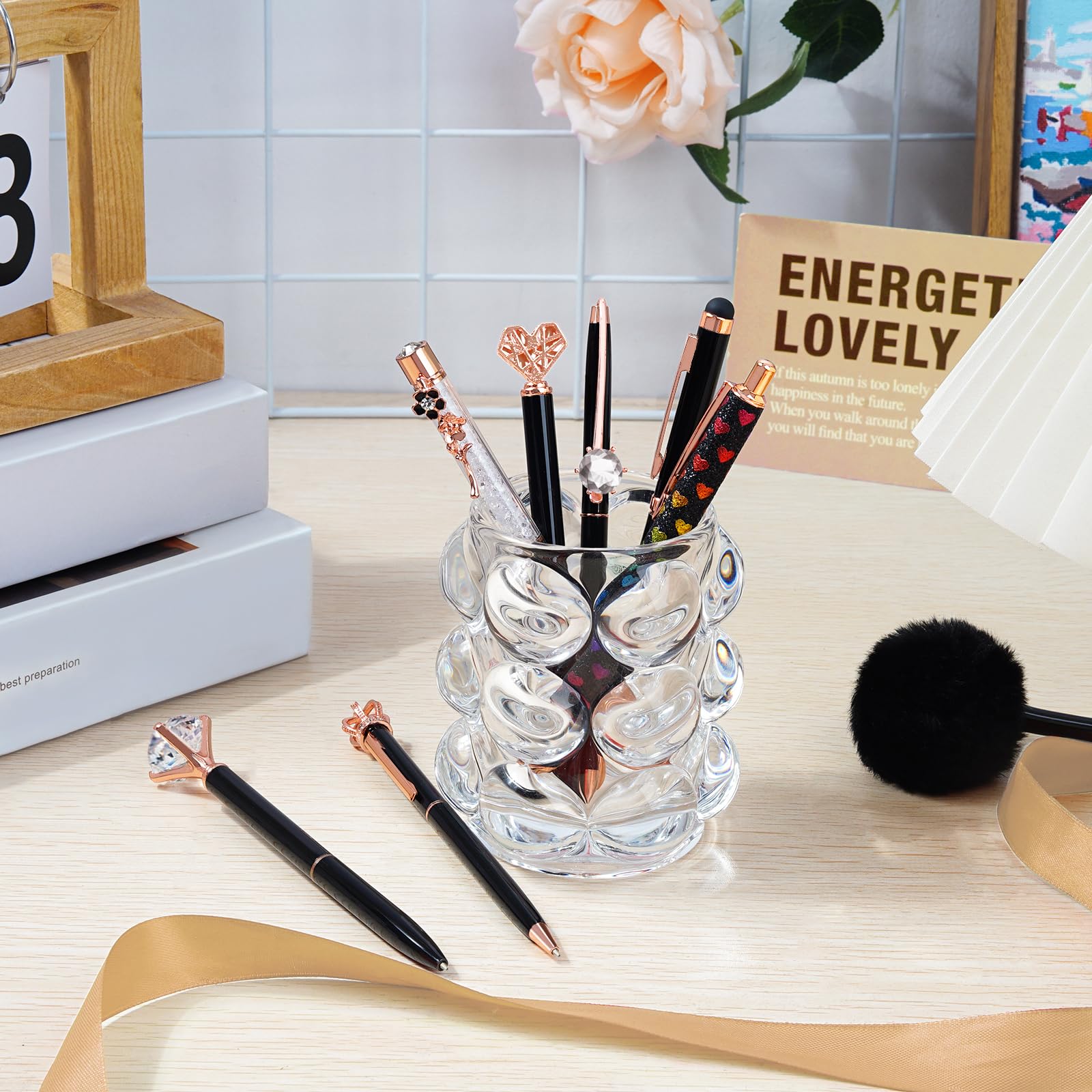 WEMATE 8Pcs Ballpoint Pens Set Metal Crystal Diamond Pen Glitter for Journaling Black Pen Bling in Black & Blue Ink Pretty Cute Pens Fancy Pens Gifts for Women Wedding School Office Desk(Black)