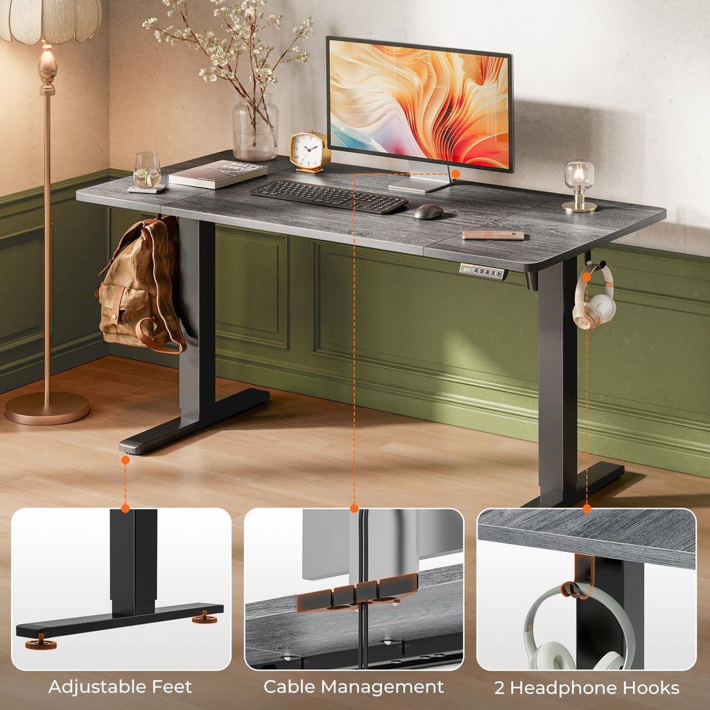 Huuger 48 x 28 Large Electric Standing Desk, Height Adjustable Desk, 27.6" Deep Desktop, Stand up Gaming, 2 Hooks, 3 Preset Heights, for Home Office, Black