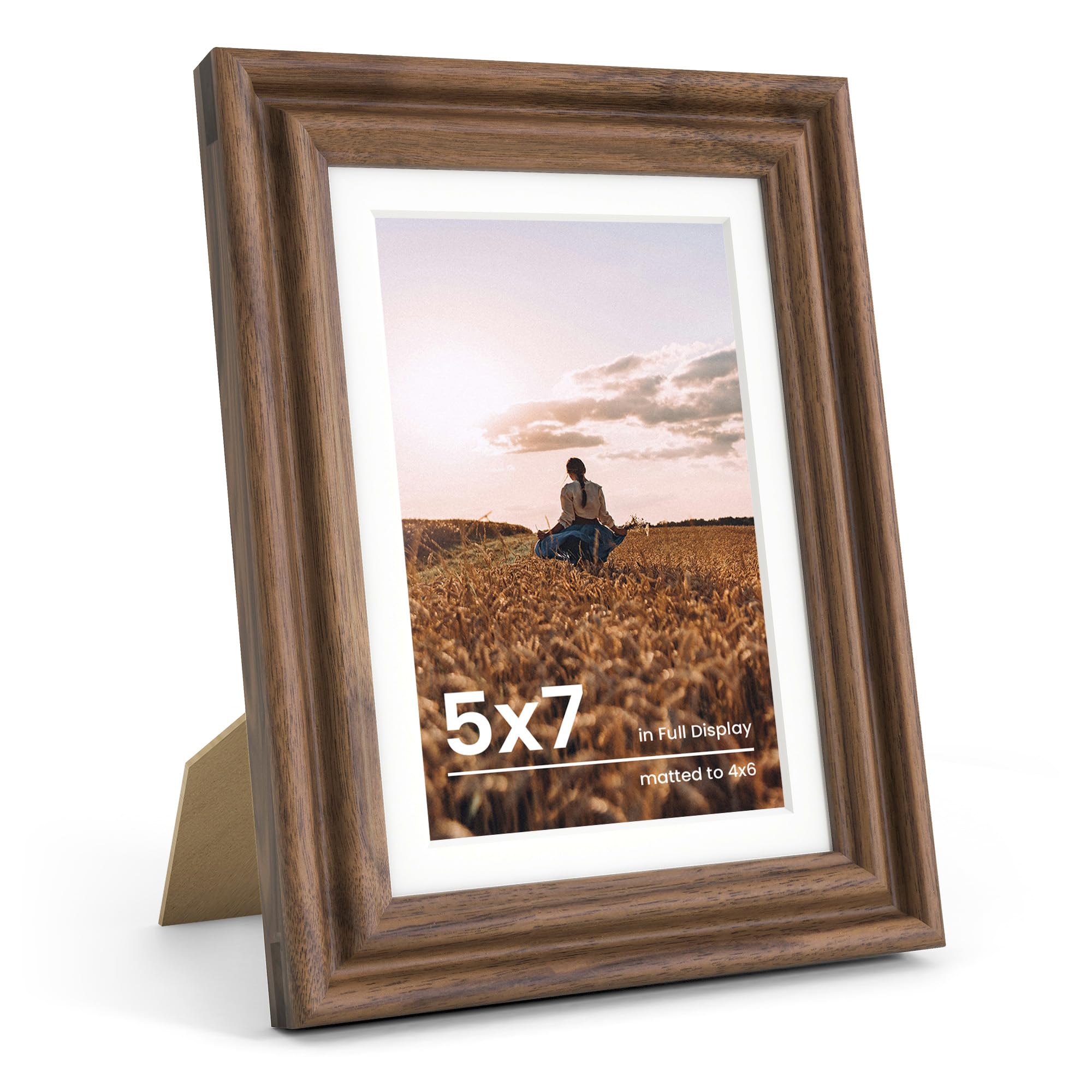 Fun Memories 5x7 Picture Frame with Mat for 4x6 Photo, Solid Elm Wood & Tempered Glass, Rustic Wall & Tabletop Display Frame, Grey, 1 Pack