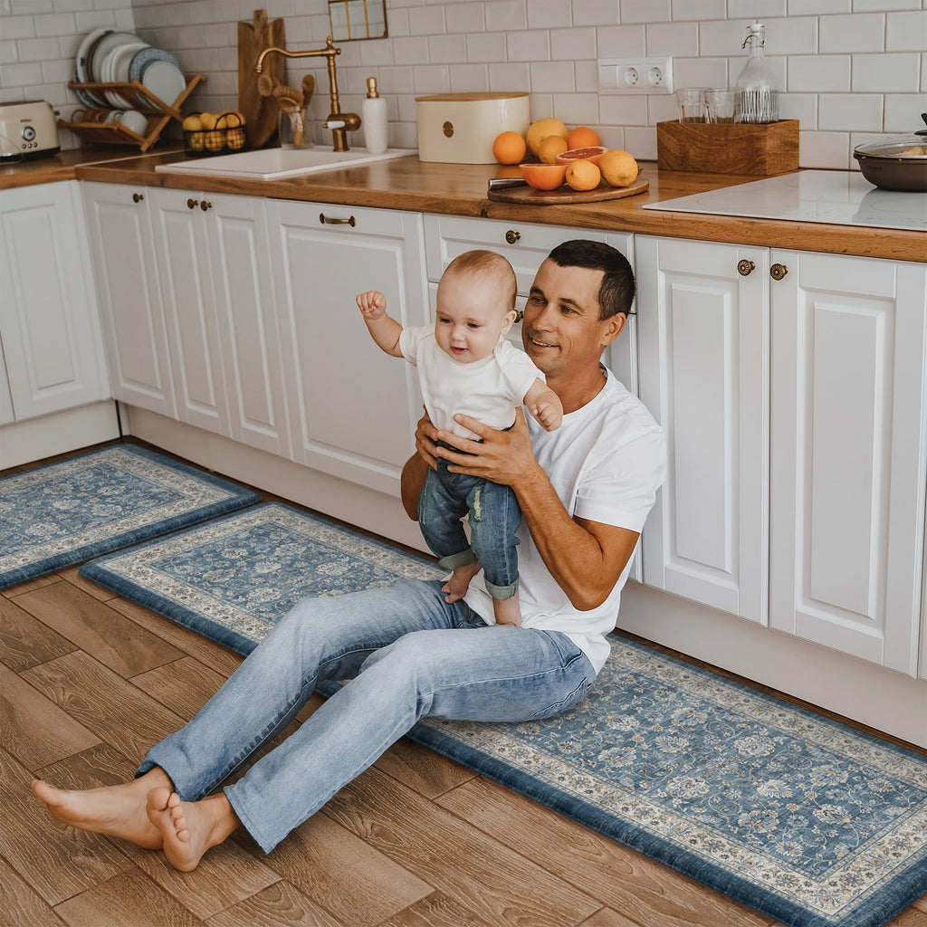 KIMODE Anti Fatigue Kitchen Mats 17"x47"+17"x29", Farmhouse Kitchen Rugs Sets of 2, Cushioned Non Skid Kitchen Mats for Floor, Comfort Kitchen Floor Mats for Sink Laundry Desk Black