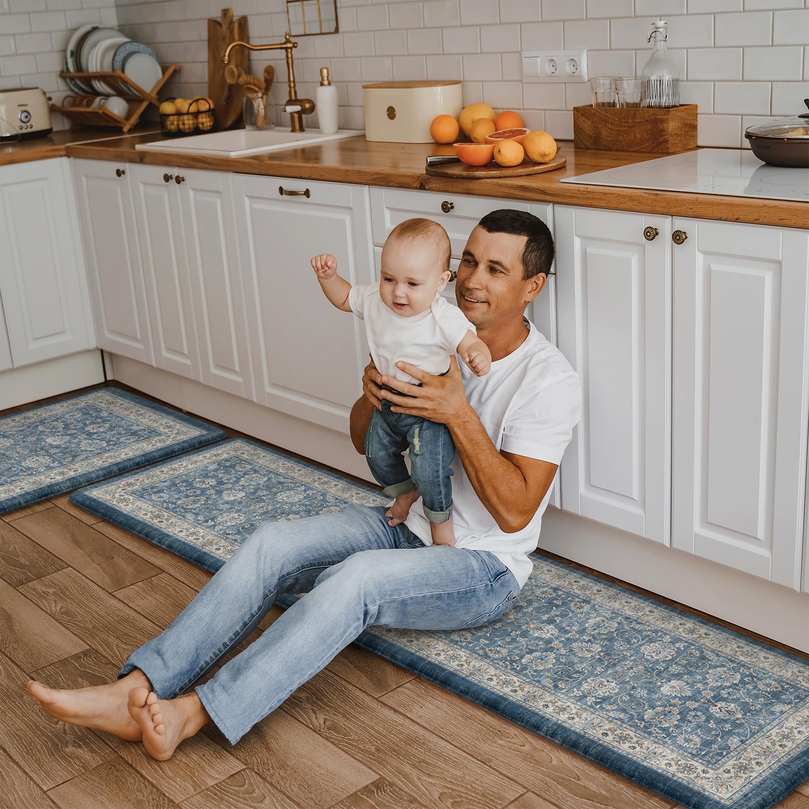 KIMODE Anti Fatigue Kitchen Mats 17"x47"+17"x29", Farmhouse Kitchen Rugs Sets of 2, Cushioned Non Skid Kitchen Mats for Floor, Comfort Kitchen Floor Mats for Sink Laundry Desk Black