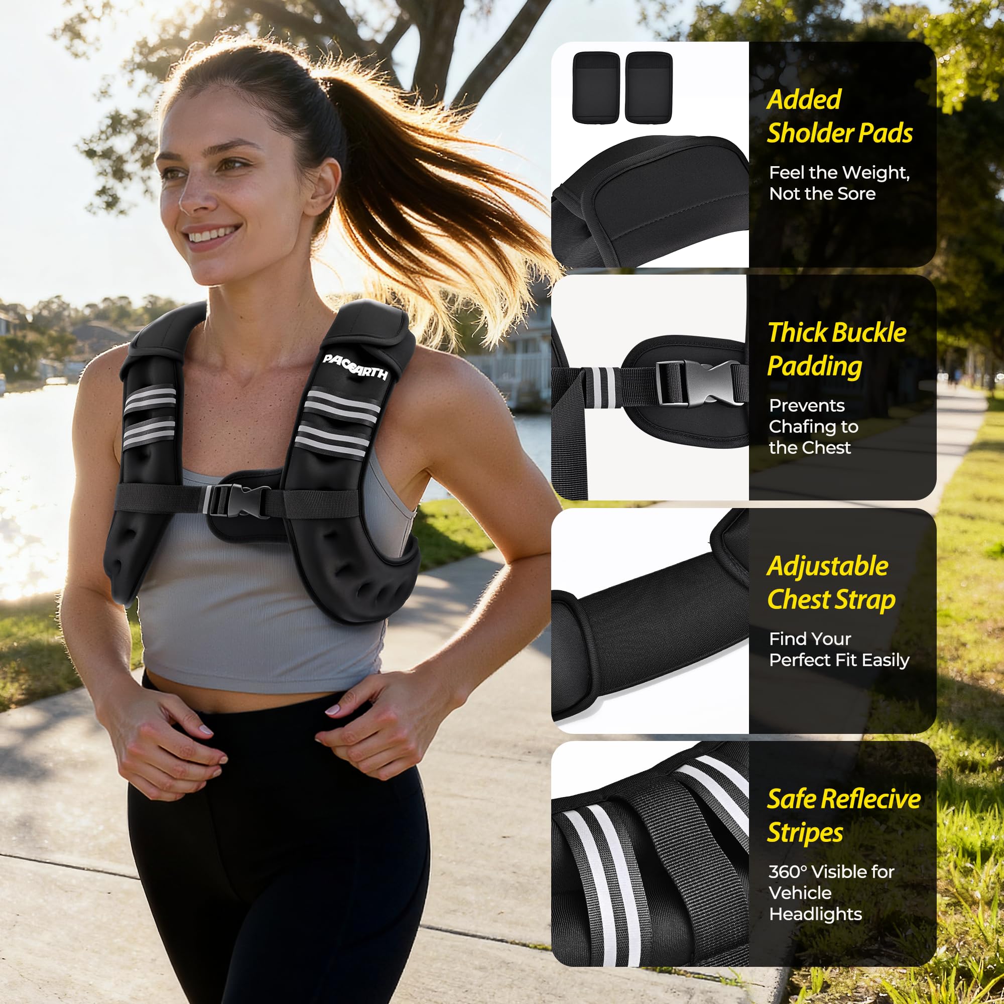 PACEARTH Weighted Vest,6lb/8lb/10lb/12lb/16lb/20lb/25lb/30lb Weight Vest with Reflective Stripe, Body Weight Vests for Women, Men, Weight Loss Workout, Strength Training, Running, Walking, Jogging