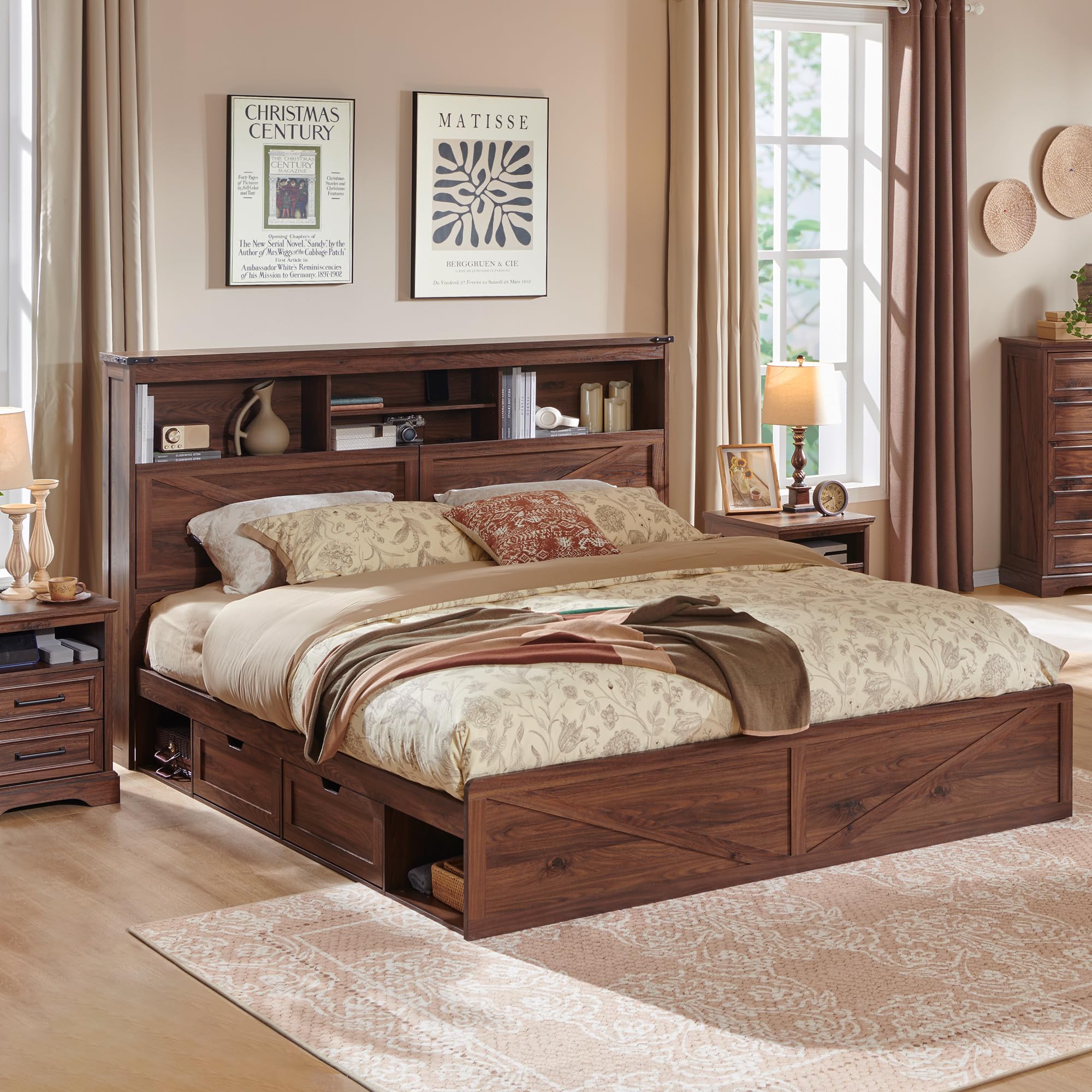 ACCOHOHO Farmhouse Queen Size Bed Frame with 52" Storage Bookcase Headboard and 4 Drawers,Wood Bed Frame with LED Light and Charging Station,Natural Oak