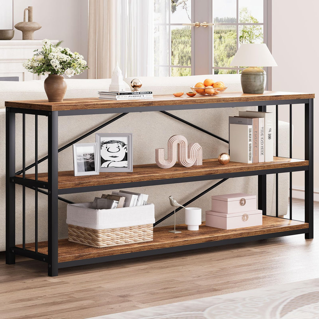 LVB Black Console Table, Modern Entryway Table for Hallway Living Room, Industrial Sofa Table Behind Couch, Farmhouse Wooden Metal Entry Table for Foyer with 3-Tier Storage Shelves, Black Oak, 55 Inch
