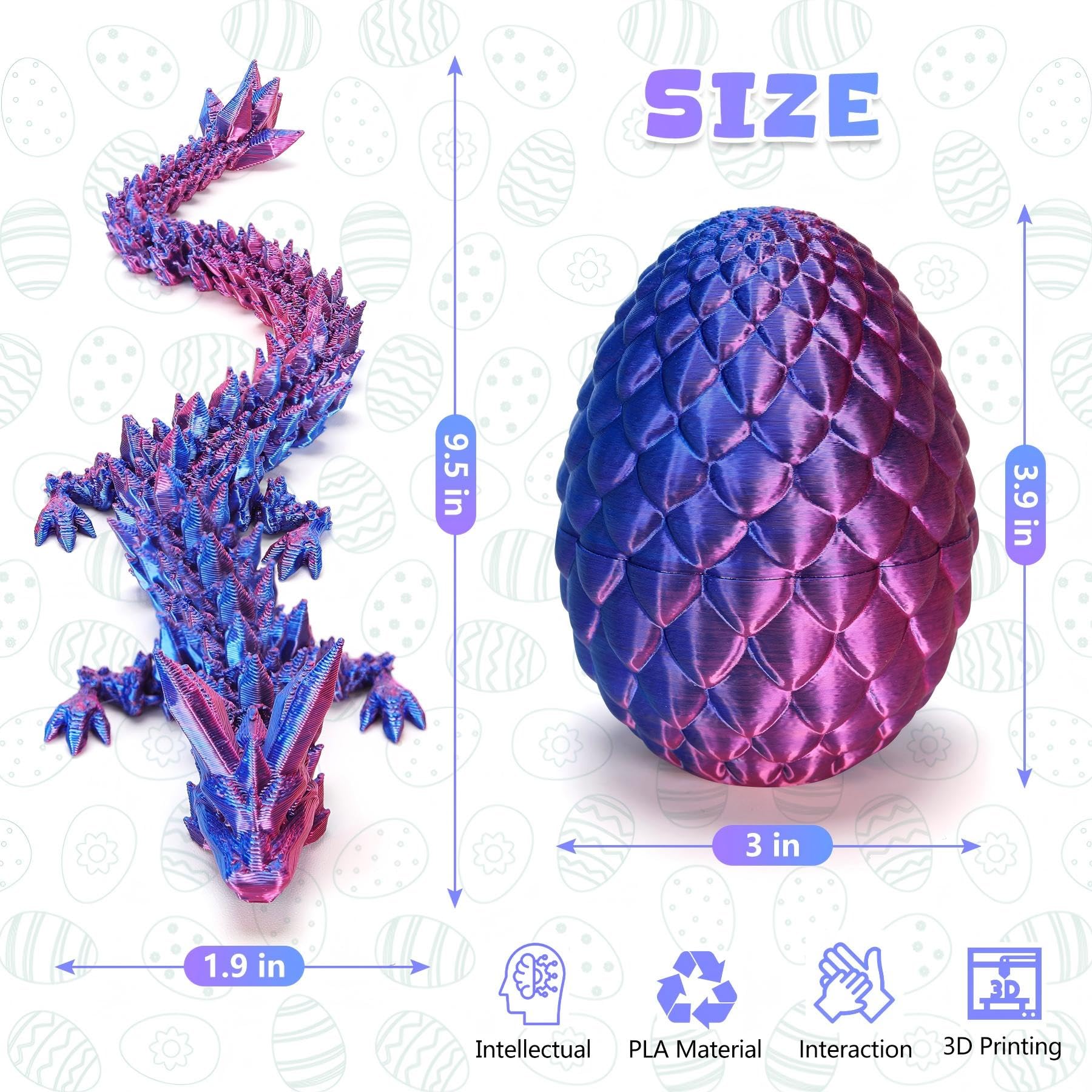 HEZUJ 3D Printed Dragon Dinosaur Egg,Articulated Crystal Dragon Fidget Toys,Prefilled Easter Basket Stuffers Eggs Filled, for Boys Girls Christmas Valentines Day Gifts (Purple Flying Dragon)