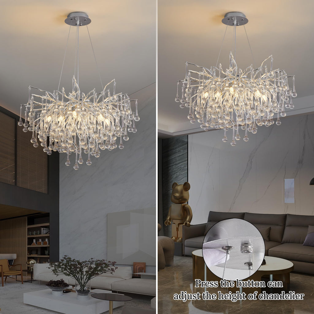 Modern Crystal Raindrop Chandelier, L40'' Black Linear Rectangle Art Deco Tree Branch Lighting Fixture for Kitchen Island Living Room Foyer Staircase 10 Lights