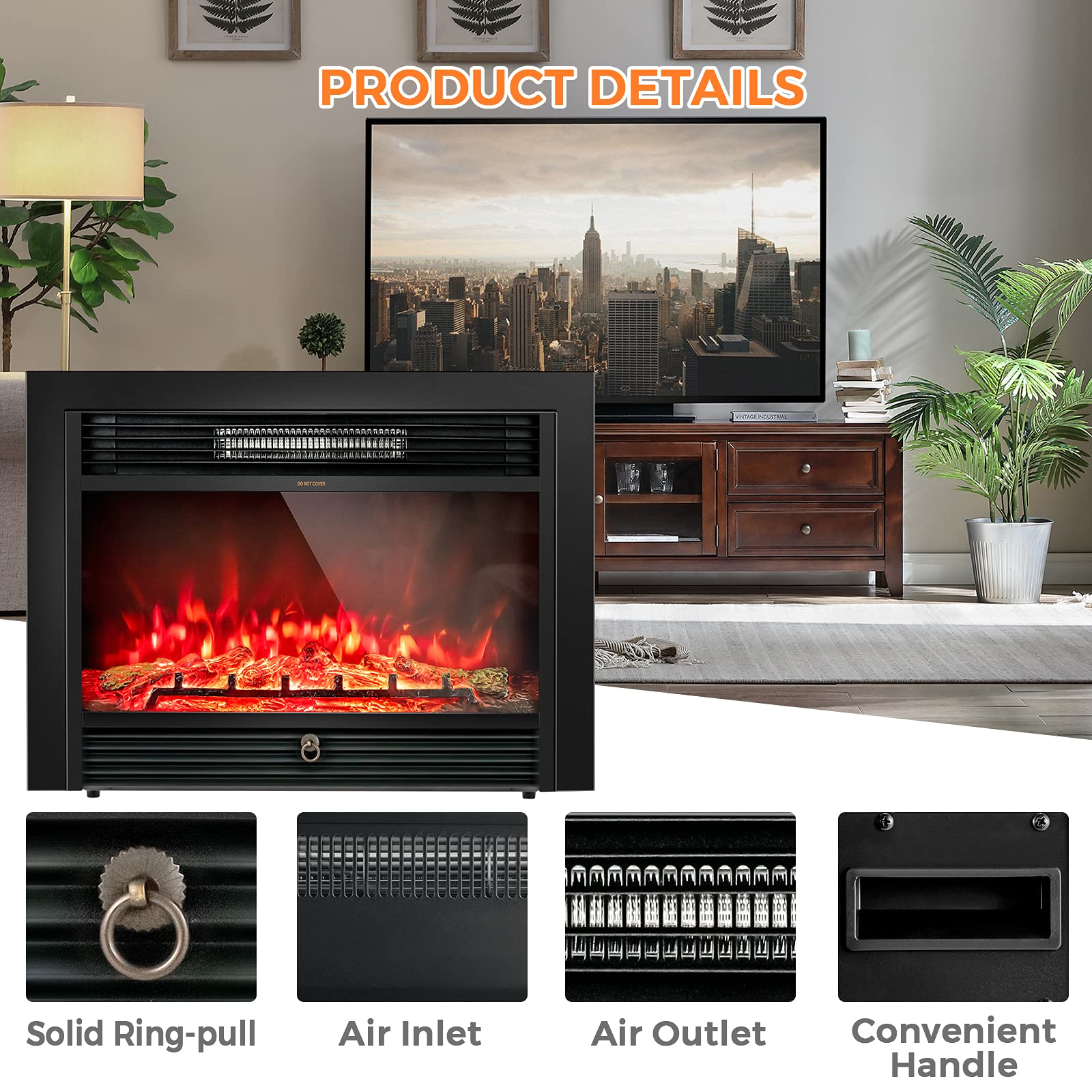 Giantex 18" Electric Fireplace Insert Heater, Wall Recessed/Mounted Fire Places Electric Fireplace with Remote, 2 Modes Heat, 9H Timer, 5 Brightness, 750/1500W Freestanding Fireplace