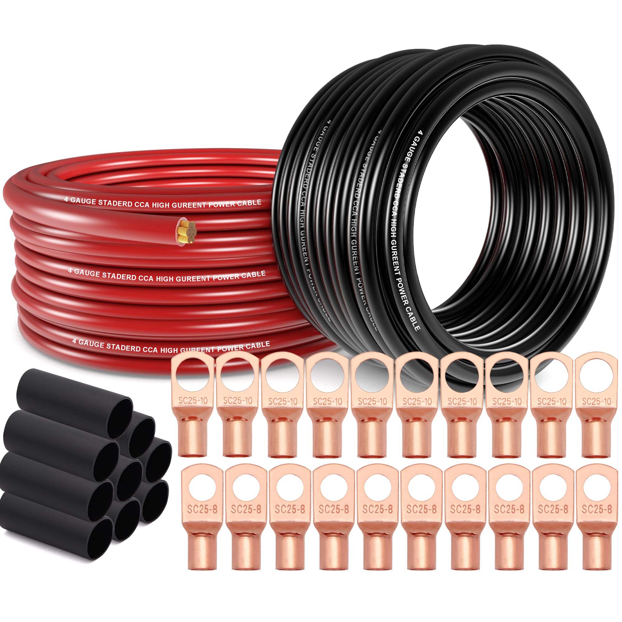 4 Gauge Wire (50ft Each - Red/Black) Copper Clad Aluminum CCA with Cable Cutter,Lugs Terminal Connectors and Heat Shrink Tube - Battery Power/Ground Cable,Car Audio Speaker,RV Trailer Amp Wiring kit